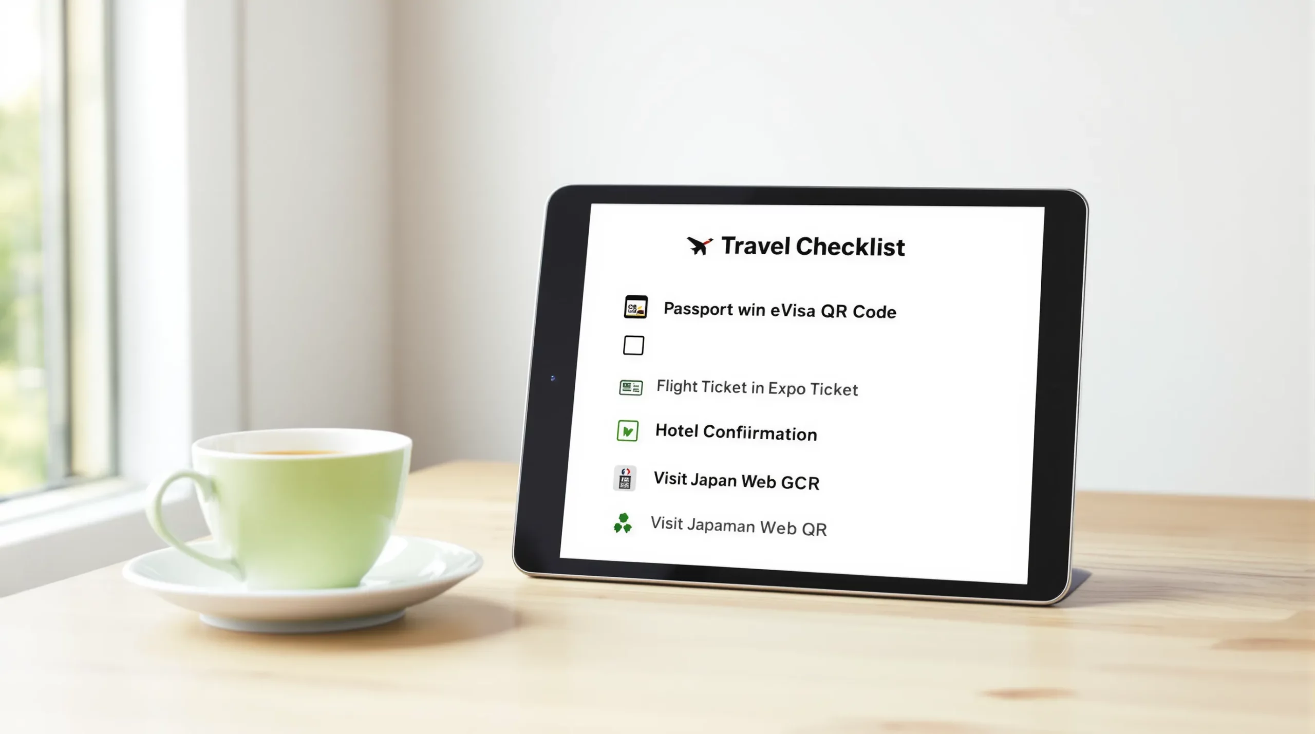 A clean, minimalist checklist graphic shows icons for passport, eVisa QR code, Expo ticket, flight confirmation, hotel voucher, Visit Japan Web QR, and travel insurance, laid out on a tablet beside a cup of green tea on a wooden desk.