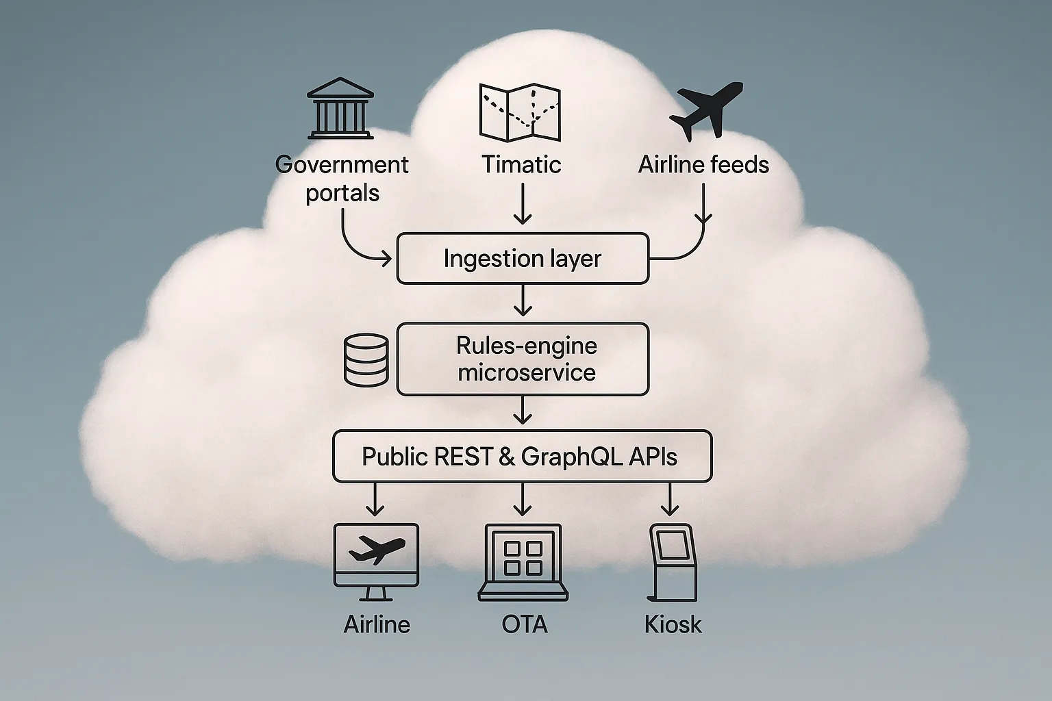 A layered cloud diagram showing data sources (government portals, Timatic, airline feeds) flowing into an ingestion layer, a rules-engine microservice, a low-latency cache, and finally public REST & GraphQL APIs consumed by airline, OTA and kiosk front-ends.