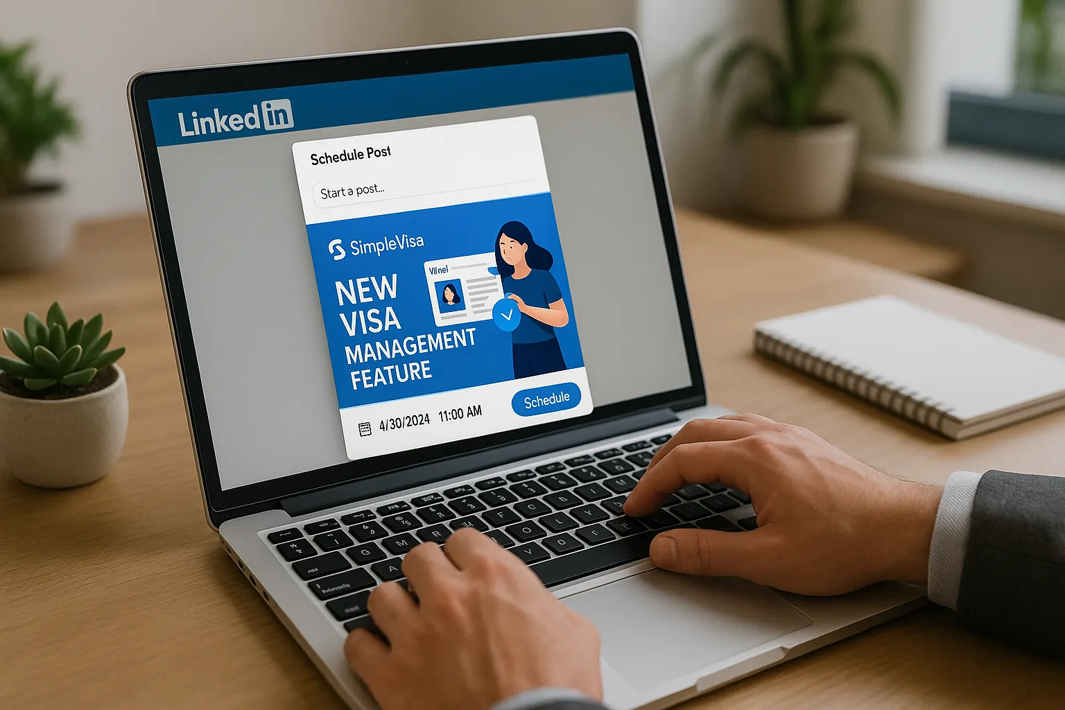 A marketing manager scheduling LinkedIn posts on a laptop displaying SimpleVisa branded graphics highlighting the new visa management feature.