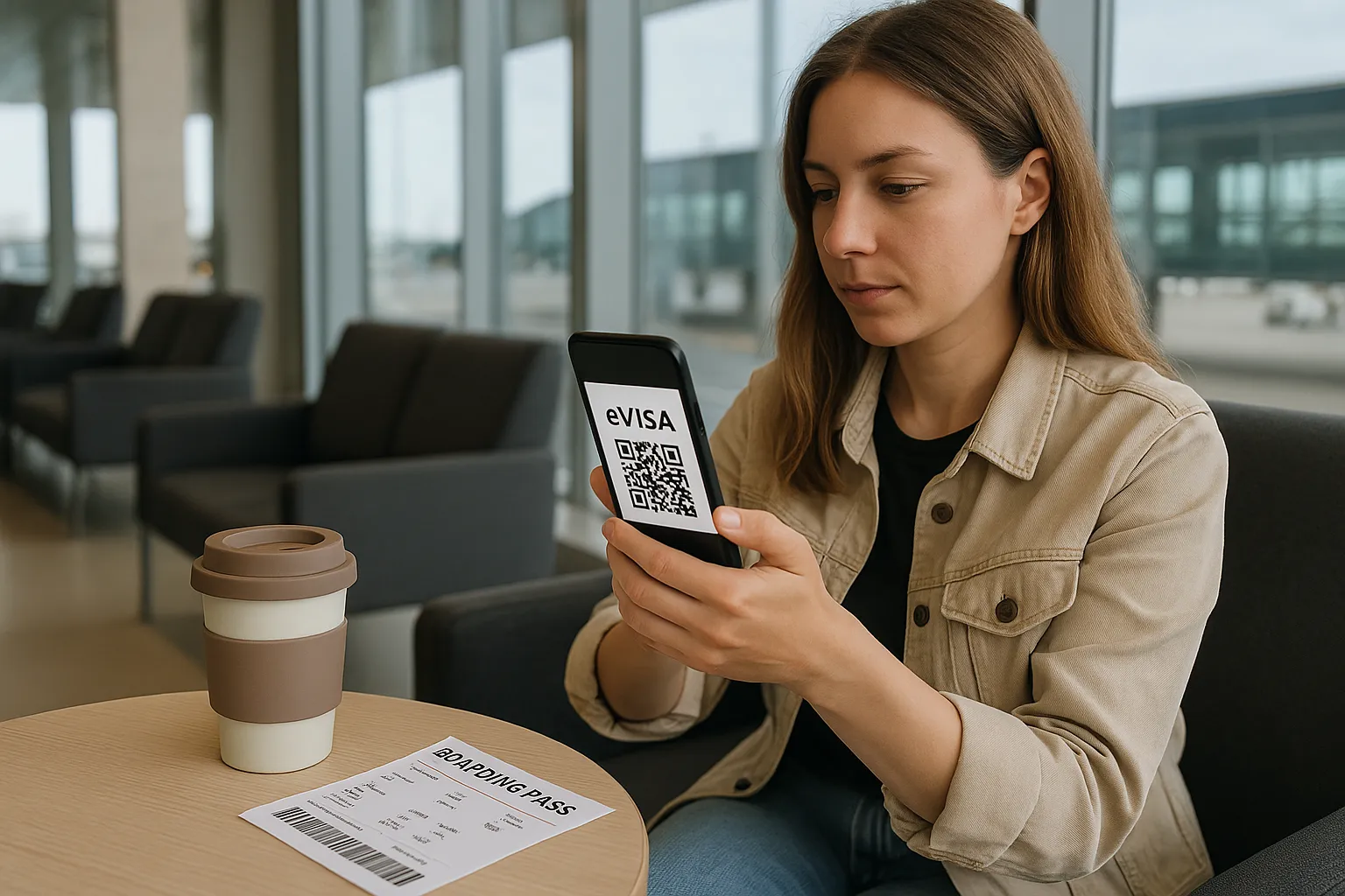 A millennial traveler sitting in an airport lounge scans a QR code eVisa on her smartphone while her boarding pass and a reusable coffee cup sit on the table; the scene highlights seamless, paper-free international travel.