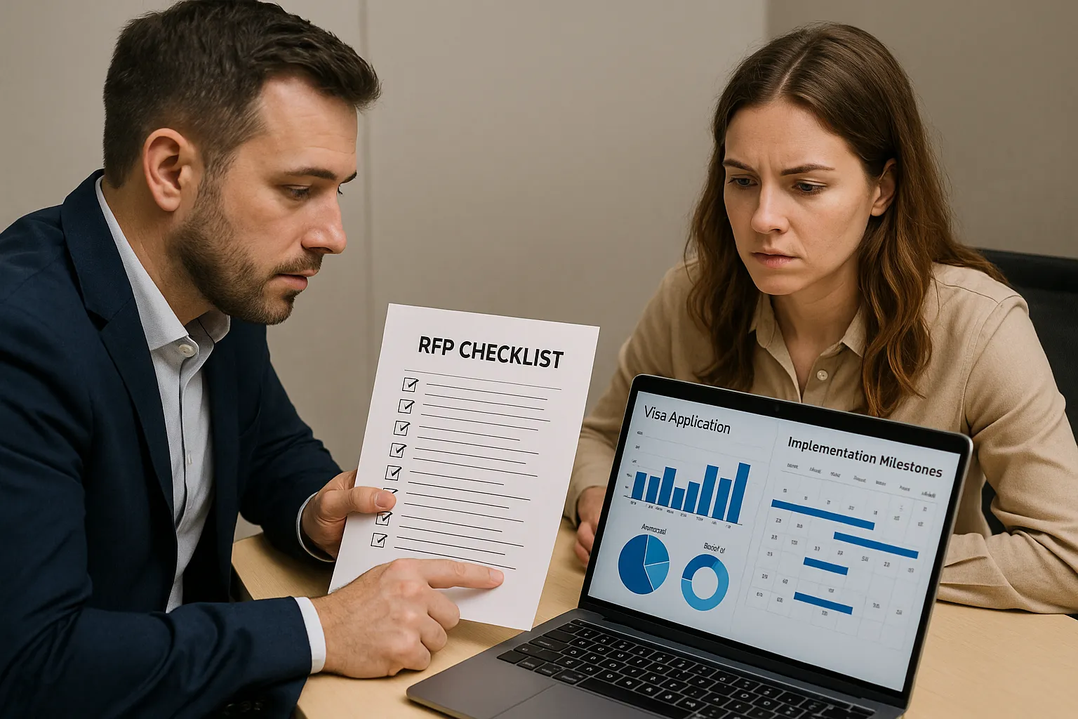 A procurement manager and a product lead sit at a conference table reviewing a printed RFP checklist while a laptop screen shows a dashboard with visa application statistics and a calendar of implementation milestones.