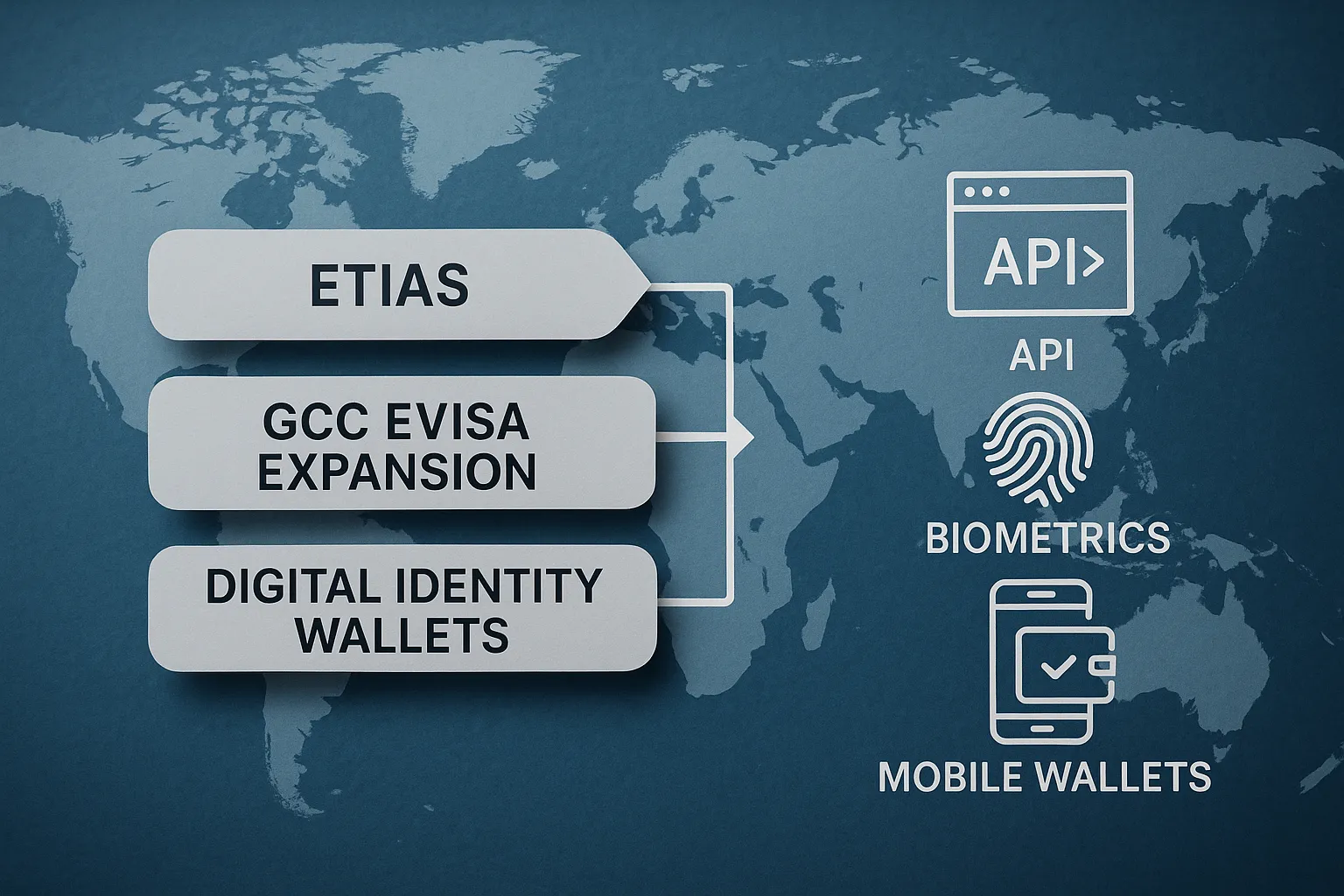 A roadmap graphic showing upcoming travel authorisations—ETIAS, GCC eVisa expansion, digital identity wallets—layered over a world map with icons for API, biometrics, and mobile wallets.