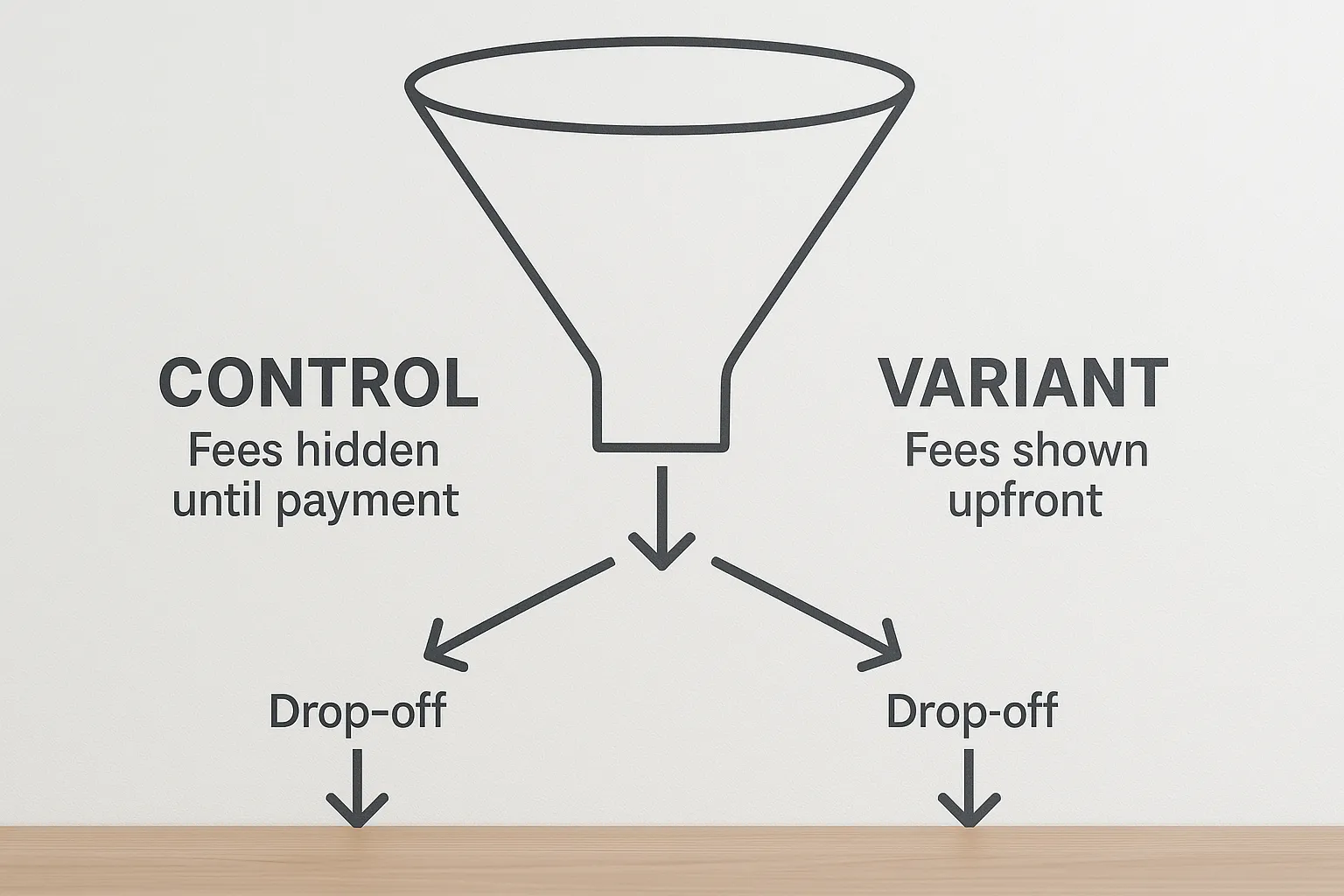 A simple funnel diagram showing two branches: Control (fees hidden until payment) and Variant (fees shown upfront), with arrows illustrating drop-off points at each step.