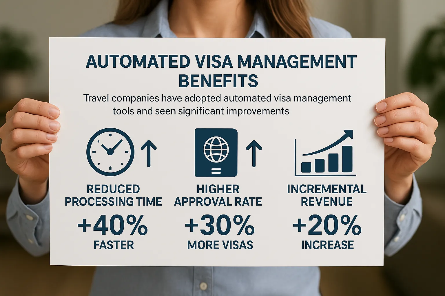 A sleek infographic mock-up visualizing reduced visa processing times, higher approval rates, and incremental revenue gains experienced by travel companies after adopting automated visa management tools.