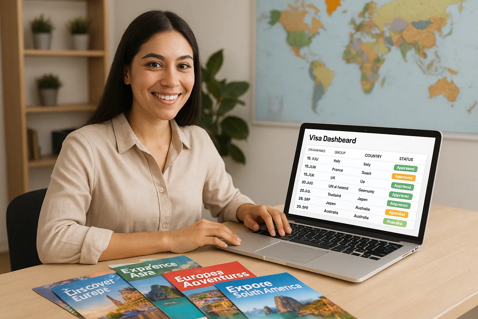 A smiling tour operator uses a laptop showing a dashboard with visa approval statuses for upcoming group departures, while colorful brochures for multi-country tours are spread on the desk.