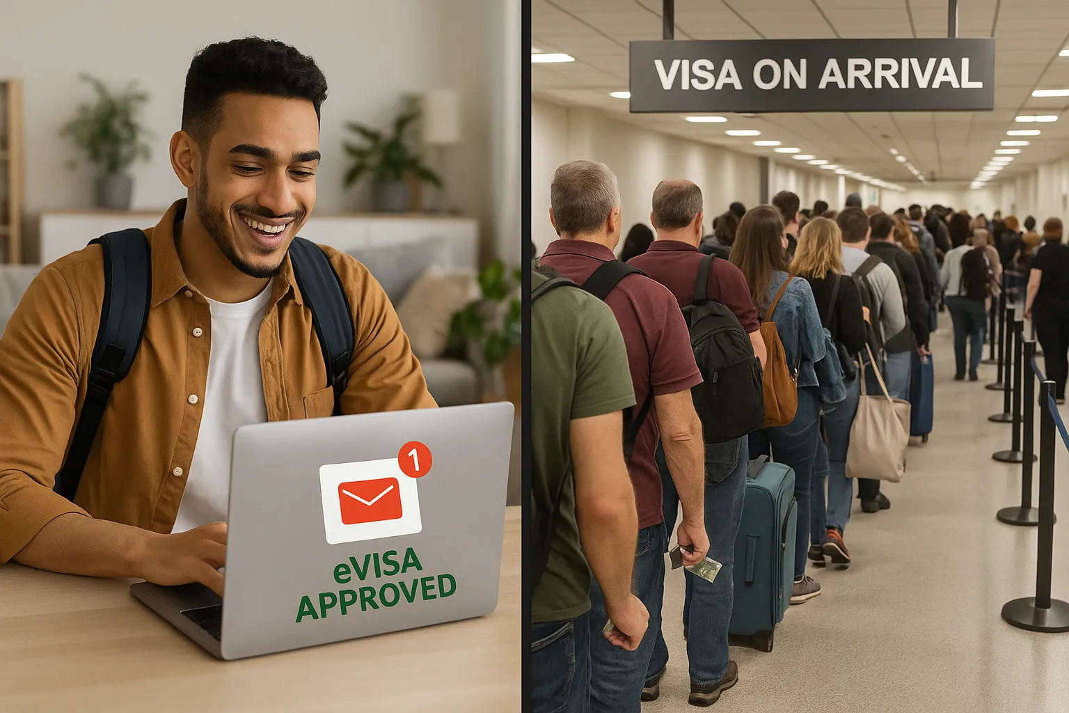 A split-screen infographic: left shows a traveler smiling at home while receiving an email notification of eVisa approval on a laptop; right shows travelers waiting in a long, snaking Visa on Arrival line at an airport, some holding cash.