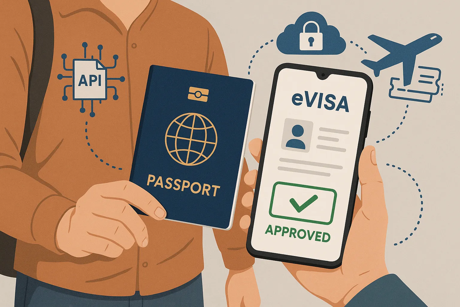 A stylized illustration of a traveler holding a biometric passport while a smartphone screen shows an approved eVisa, surrounded by icons representing API connections, cloud security, and airline booking flows.