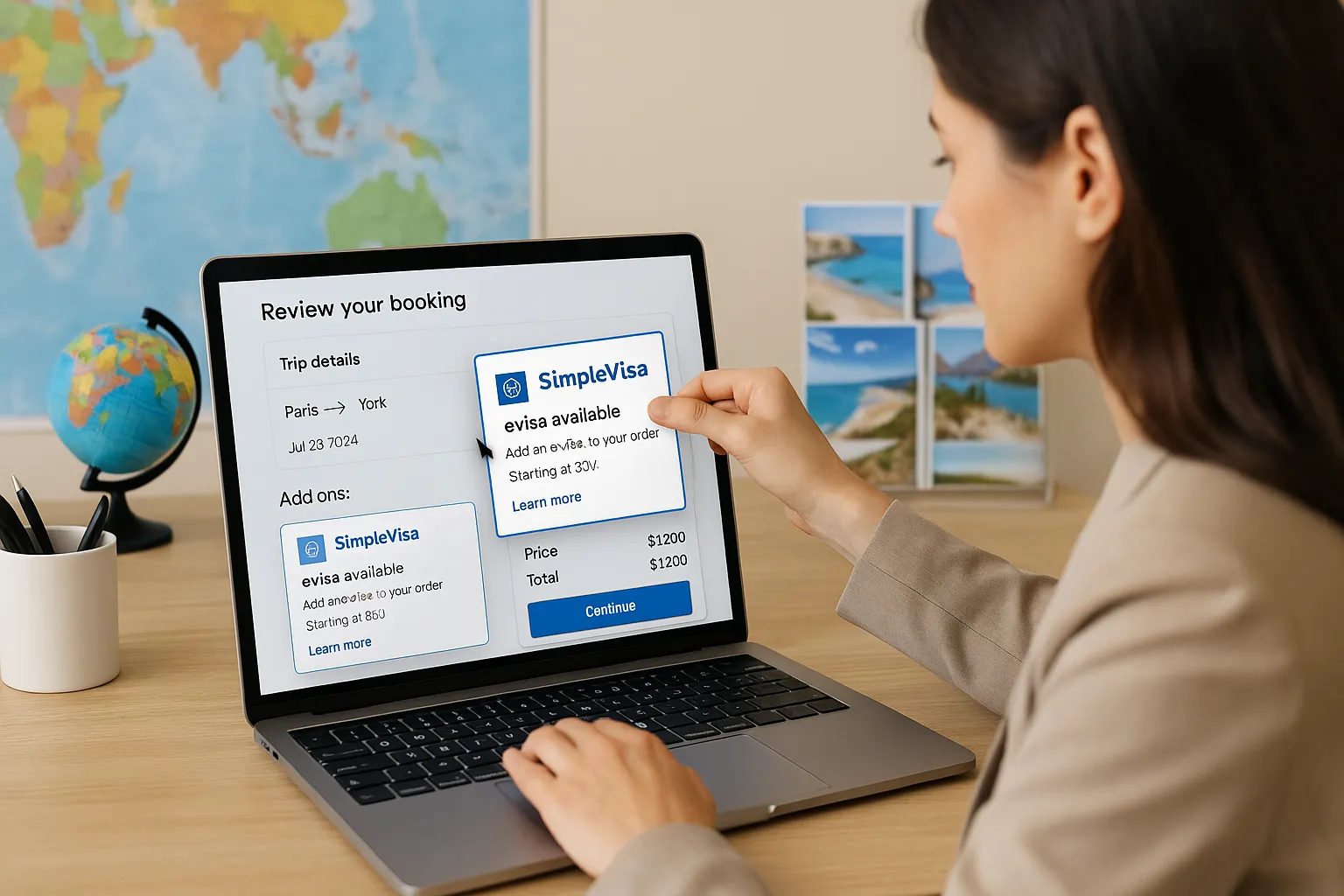 A travel agency employee drags and drops a SimpleVisa widget into an online booking page on her laptop screen, showing a preview of an eVisa upsell integrated seamlessly into the checkout flow.