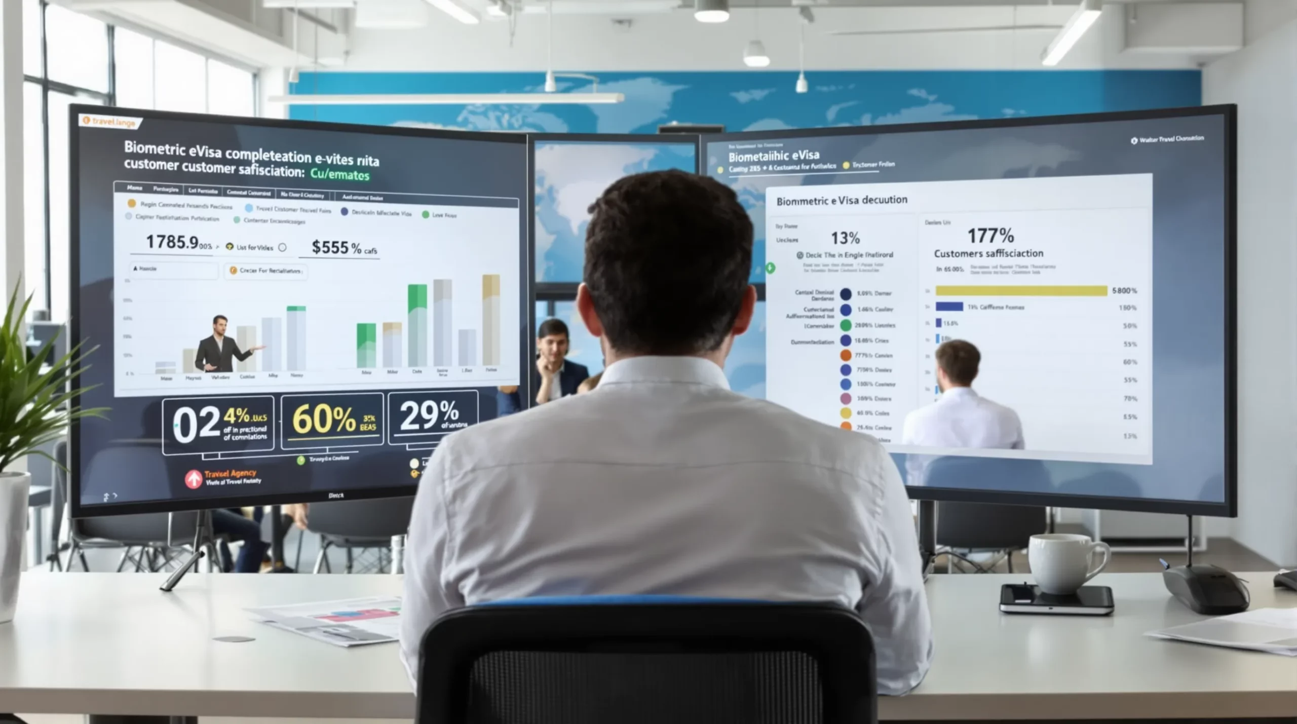 A travel agency product manager reviews a dashboard showing biometric eVisa completion rates and customer satisfaction scores on a large monitor while colleagues discuss workflow improvements in an open-plan office with world maps on the wall.