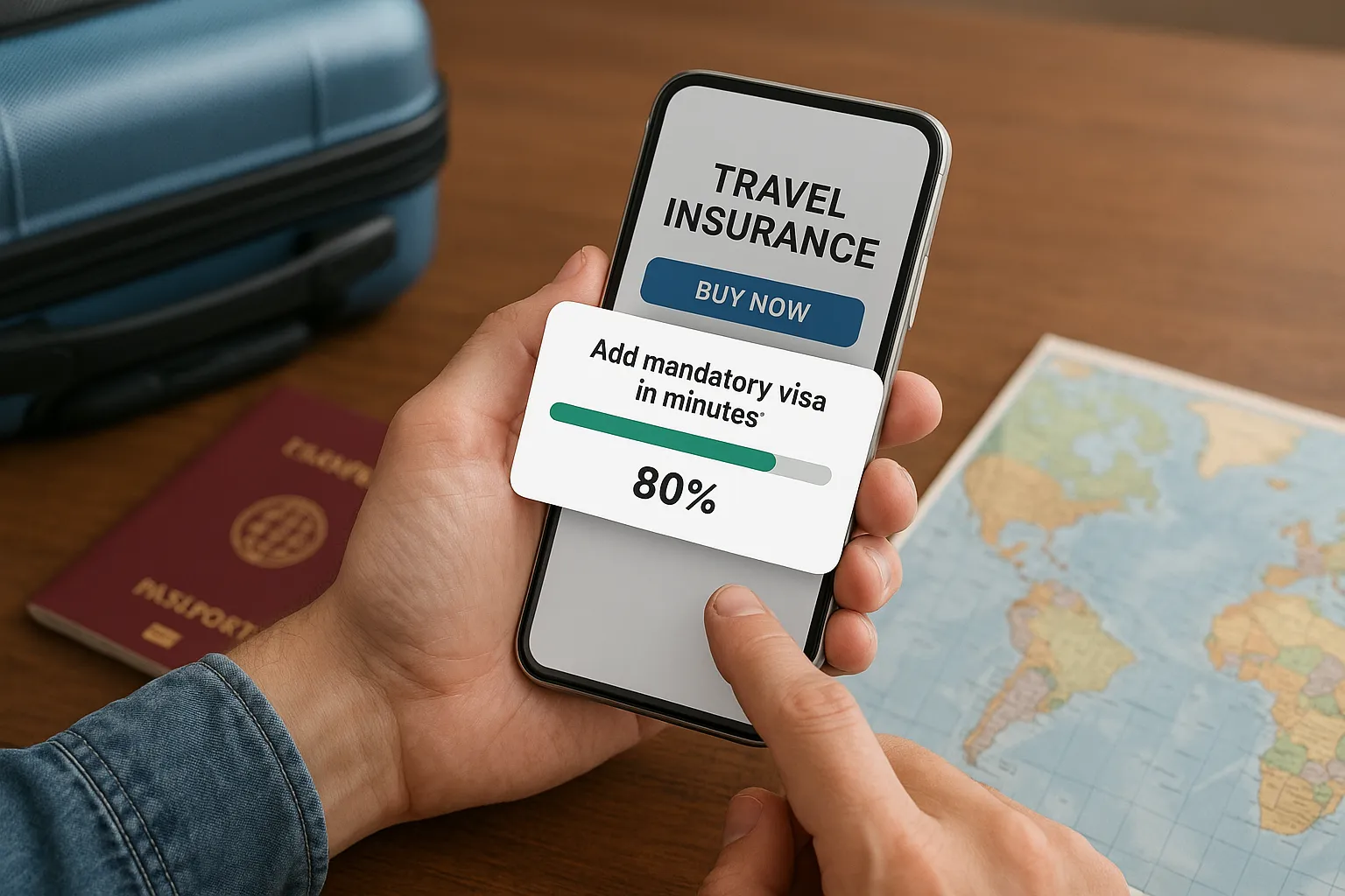 A traveler purchases travel insurance on a smartphone; a pop-up displays “Add mandatory visa in minutes” with a progress bar at 80 percent, illustrating seamless bundling of insurance and visa services.