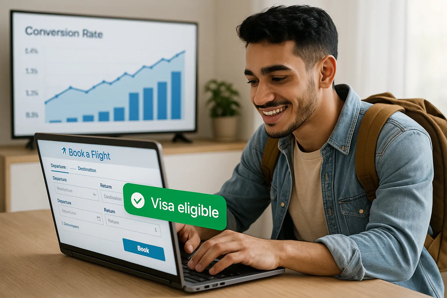 A young traveler booking a flight on a laptop, smiling as a green “Visa eligible” notification appears on-screen; dashboard metrics in the background show increased conversion rate.