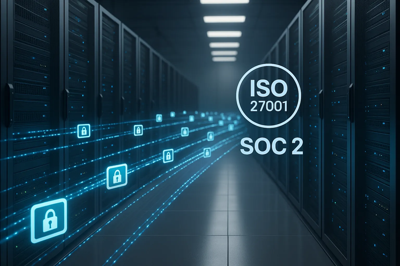 Abstract data center illustration showing encrypted data packets flowing through compliant servers, representing ISO 27001 and SOC 2 safeguarded architecture.