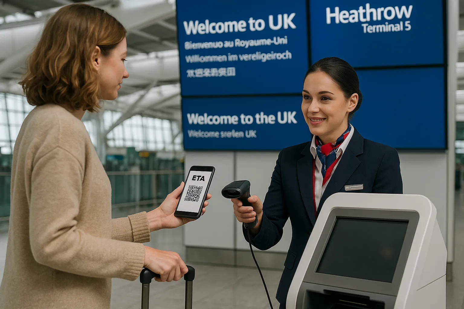 Airline check-in agent scanning a passenger’s mobile ETA QR code at a self-service kiosk in Heathrow Terminal 5. Digital screens display “Welcome to the UK” in multiple languages.