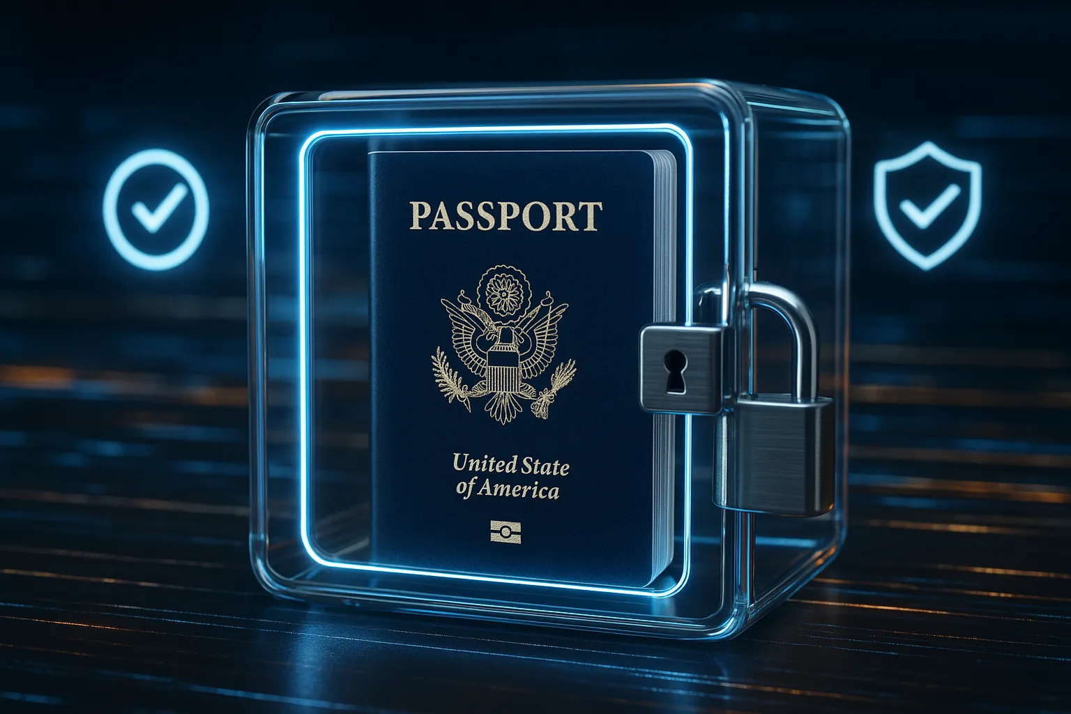 Close-up of a biometric passport locked inside a transparent digital vault, surrounded by abstract data streams and compliance icons like a checkmark and shield.