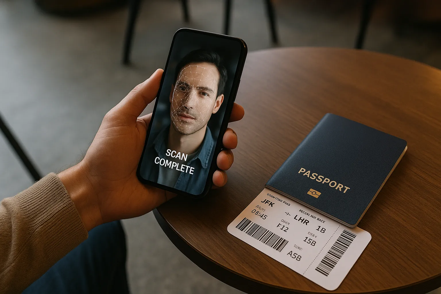 Close-up of a traveler using a smartphone to scan their face, with a boarding pass and passport beside them on a cafe table, illustrating seamless biometric visa verification on the go.