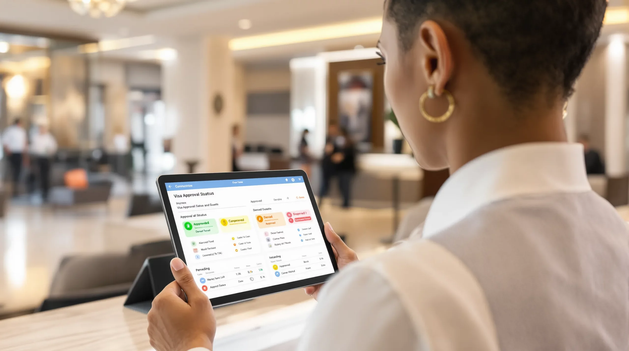 Concierge staff viewing a dashboard with visa approval statuses for incoming guests, displayed on a tablet at a hotel front desk.