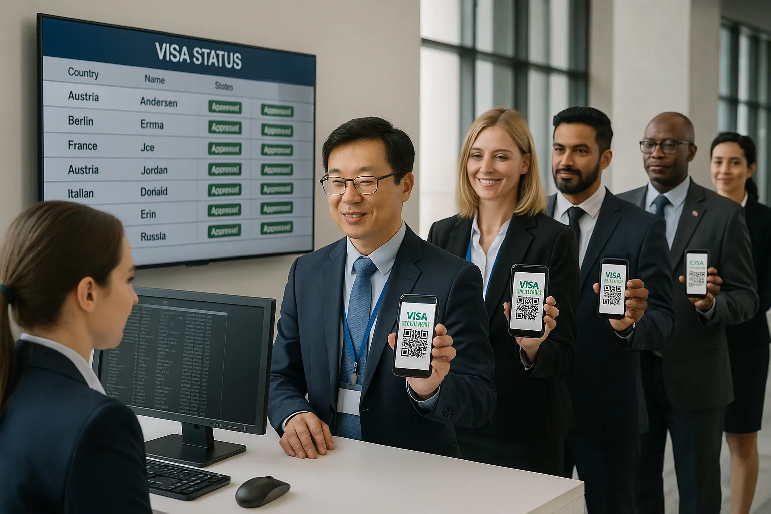 Corporate delegates from multiple countries queue at a modern event registration desk displaying digital visa approval QR codes on their smartphones while event staff monitor a large dashboard showing real-time visa status updates.
