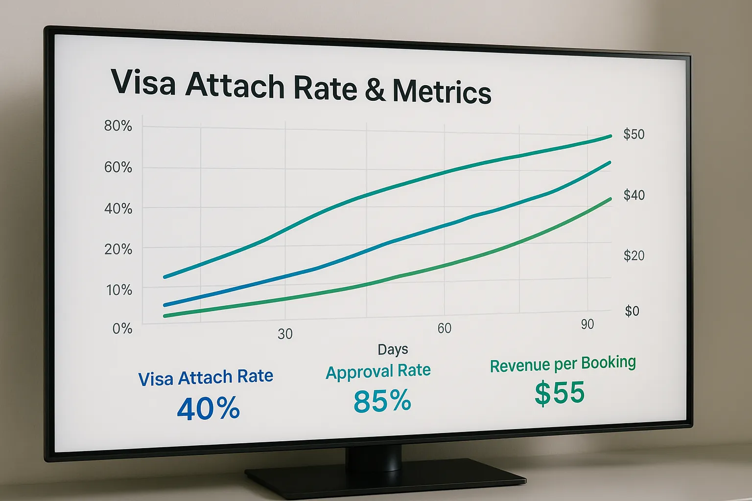 Dashboard mock-up showing visa attach rate, approval rate and revenue per booking rising over 90 days on a large OTA’s KPI screen.