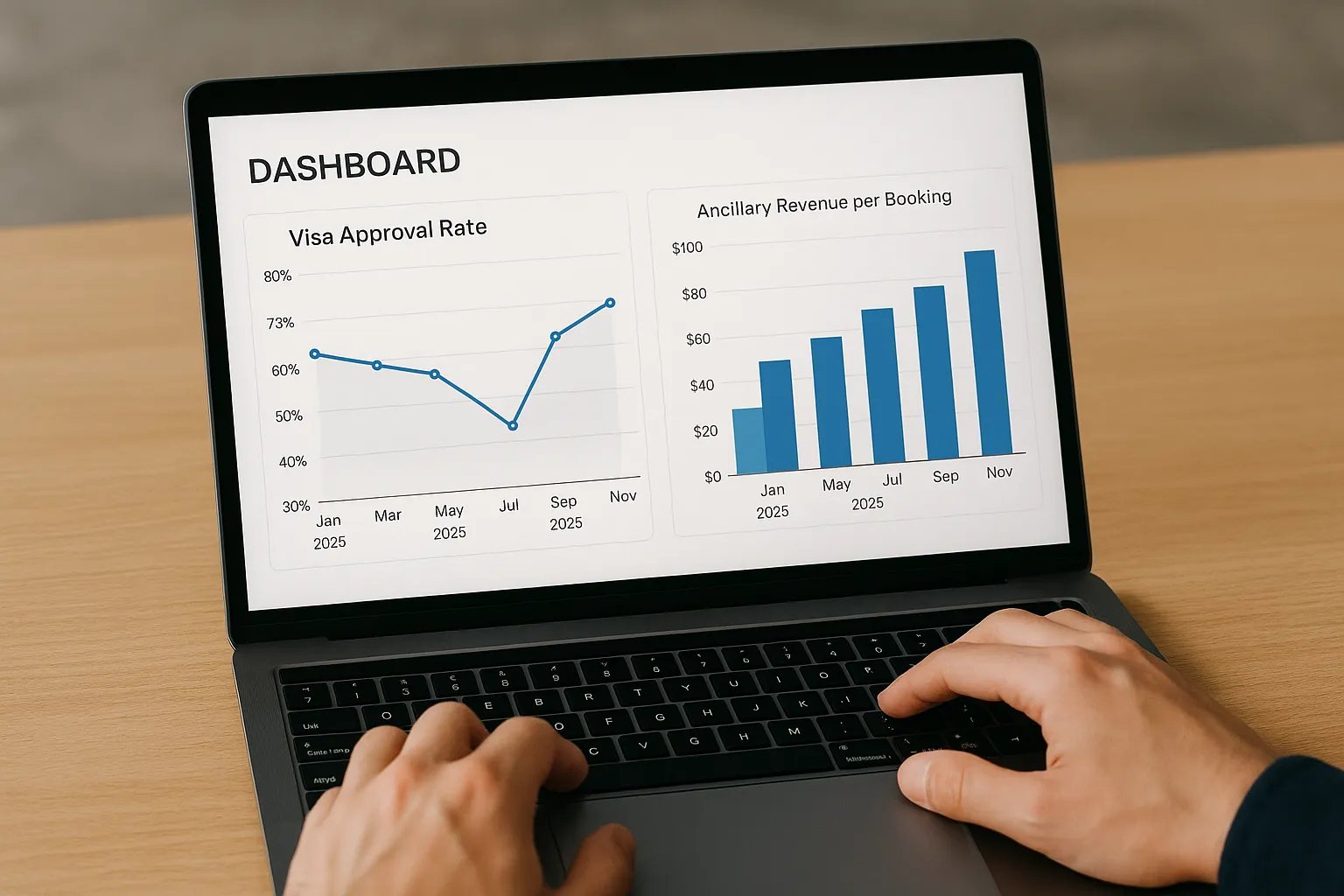 Dashboard showing a line graph of visa approval rates dipping slightly in July 2025 before recovering, alongside a bar chart of ancillary revenue per booking.