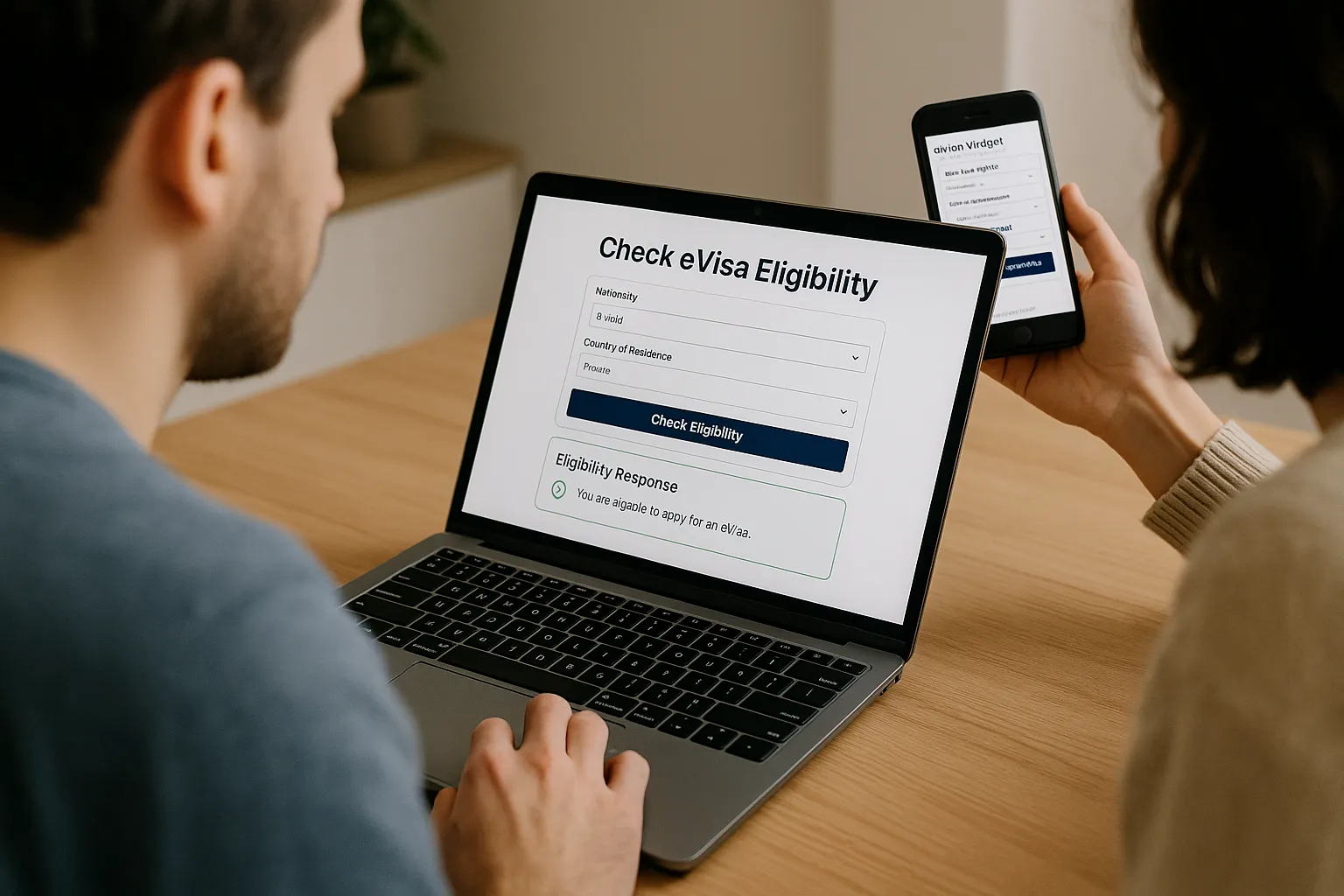 Developer checking eVisa eligibility response on a laptop while a designer reviews the embedded widget styling on a phone; both screens face the camera clearly.