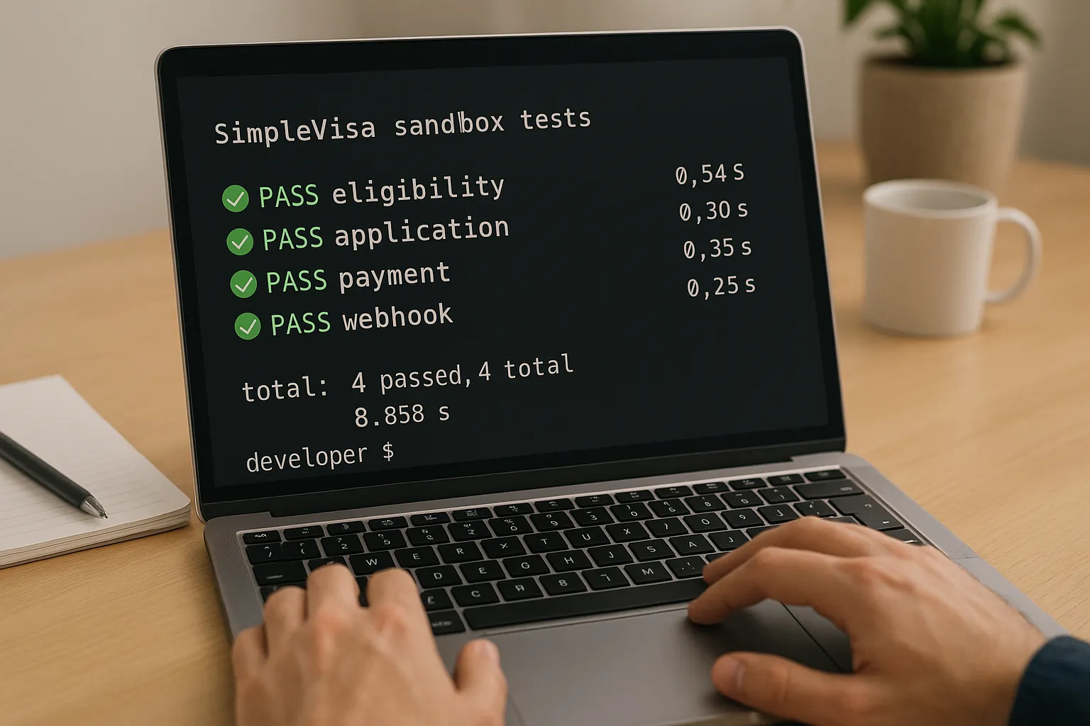 Developer laptop showing terminal outputs of passing SimpleVisa sandbox tests, with green checkmarks next to eligibility, application, payment, and webhook steps.