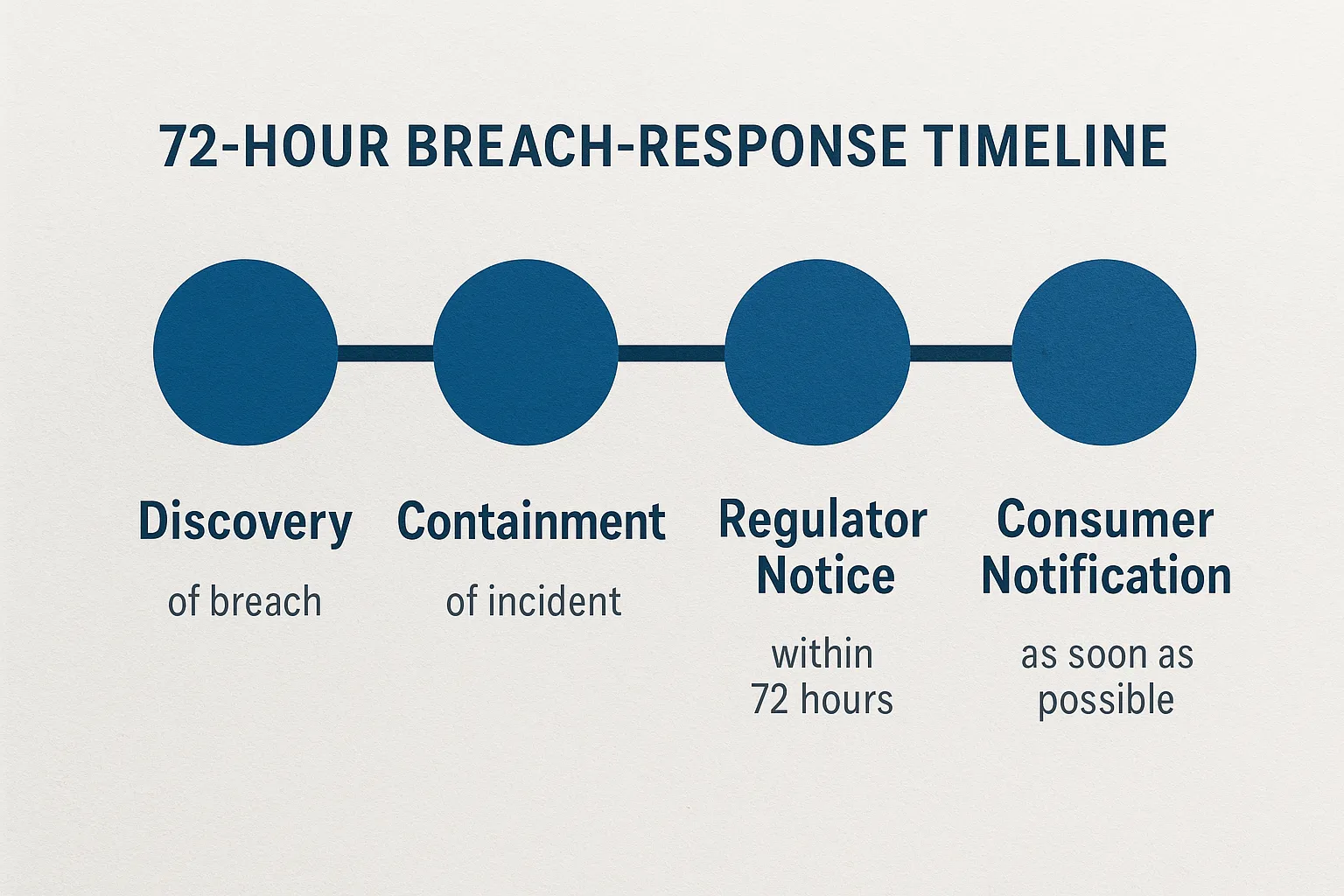 Diagram: 72-hour breach-response timeline showing discovery, containment, regulator notice, and consumer notification.