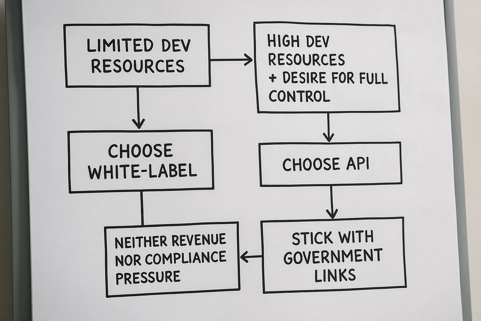 Flowchart showing the decision path: limited dev resources → choose white-label; high dev resources + desire for full control → choose API; neither revenue nor compliance pressure → stick with government links.