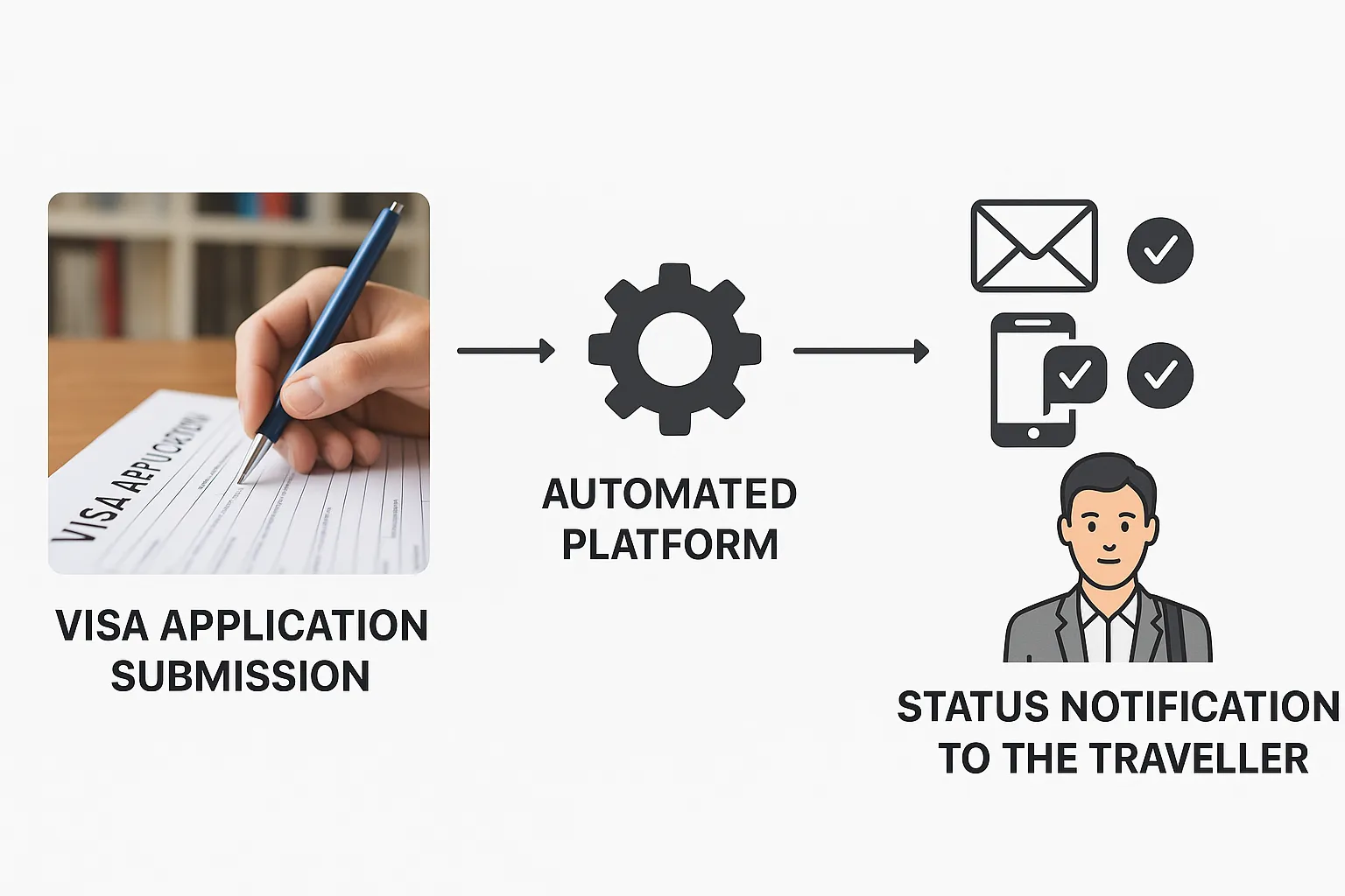 Graphic showing the workflow from visa application submission, automated platform processing, to multichannel status notifications sent to the traveller.