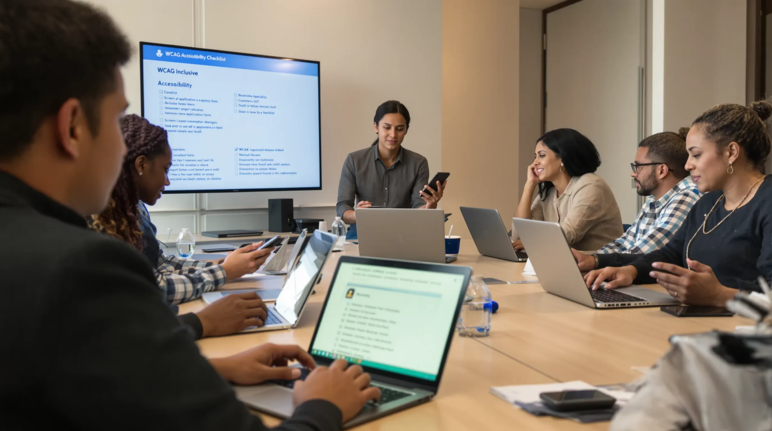 Illustration of a diverse group of travelers using laptops and smartphones with screen readers and voice commands to fill out a visa application form, while a designer checks a WCAG checklist on a large monitor.