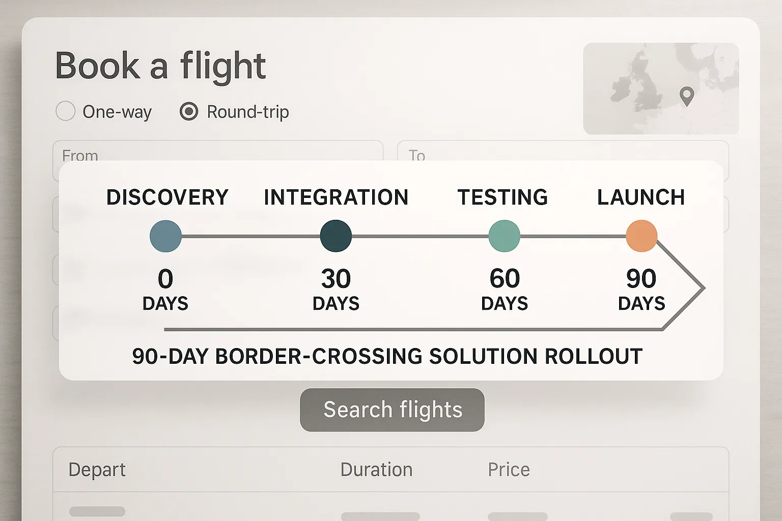 Illustration of a project timeline showing discovery, integration, testing and launch milestones for a 90-day border-crossing solution rollout, overlaid on an airline booking UX mock-up.