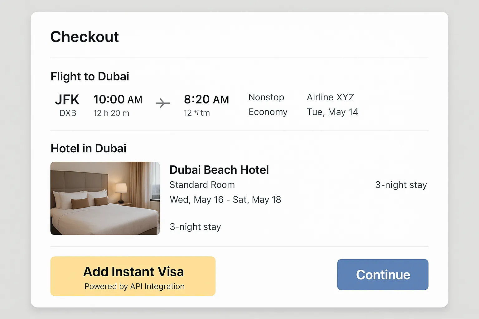 Illustration of a travel website checkout page showing flight details, hotel booking, and a highlighted 