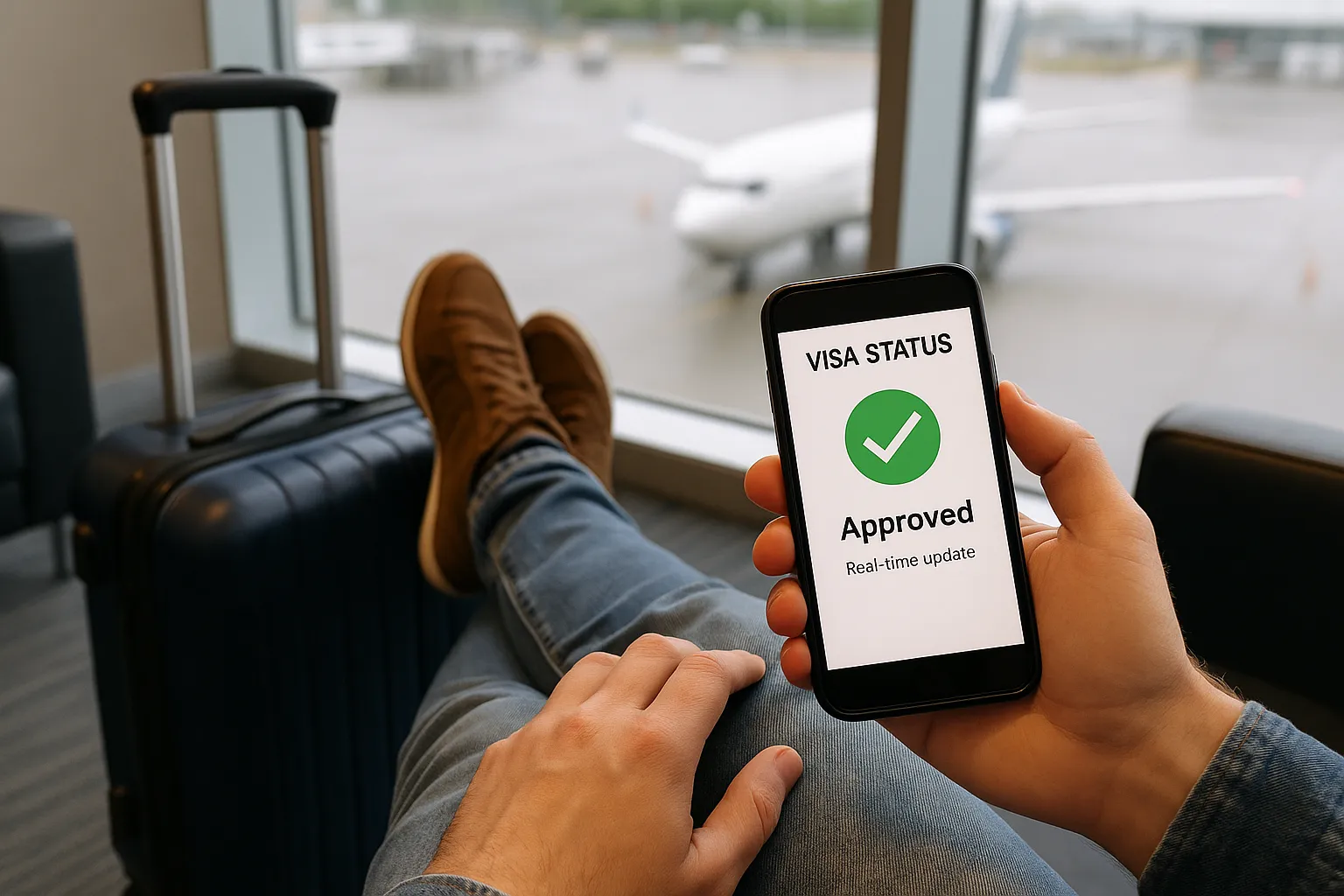 Illustration of a traveller receiving real-time visa status updates on a smartphone while relaxing at an airport lounge, reducing the need to call customer support.