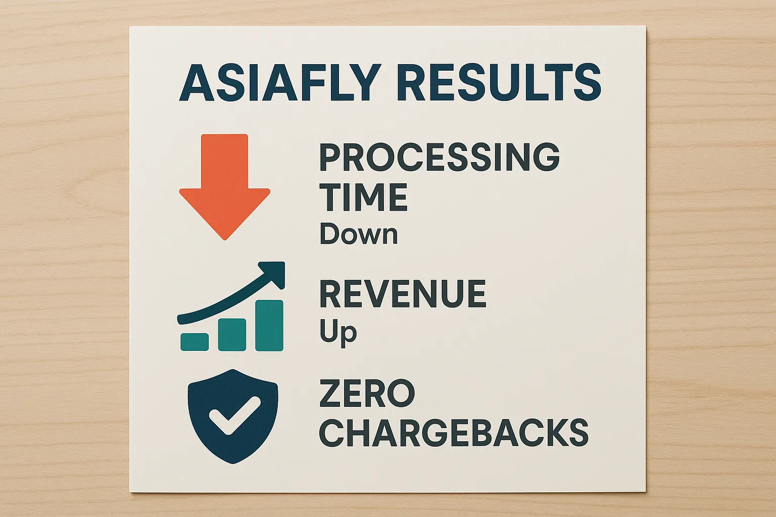 Infographic summarizing AsiaFly’s results: arrow pointing down for processing time, bar rising for revenue, shield icon for zero chargebacks.
