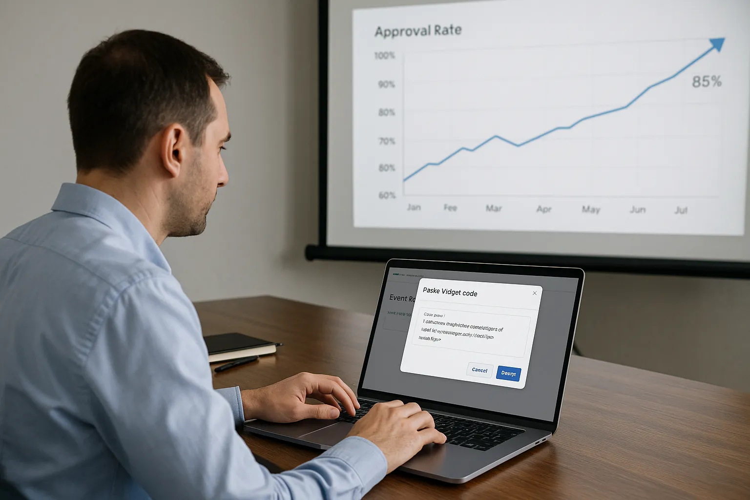 Product manager pastes SimpleVisa widget code into an event-registration webpage on a laptop while a projector shows live demo approval rates rising on a graph.