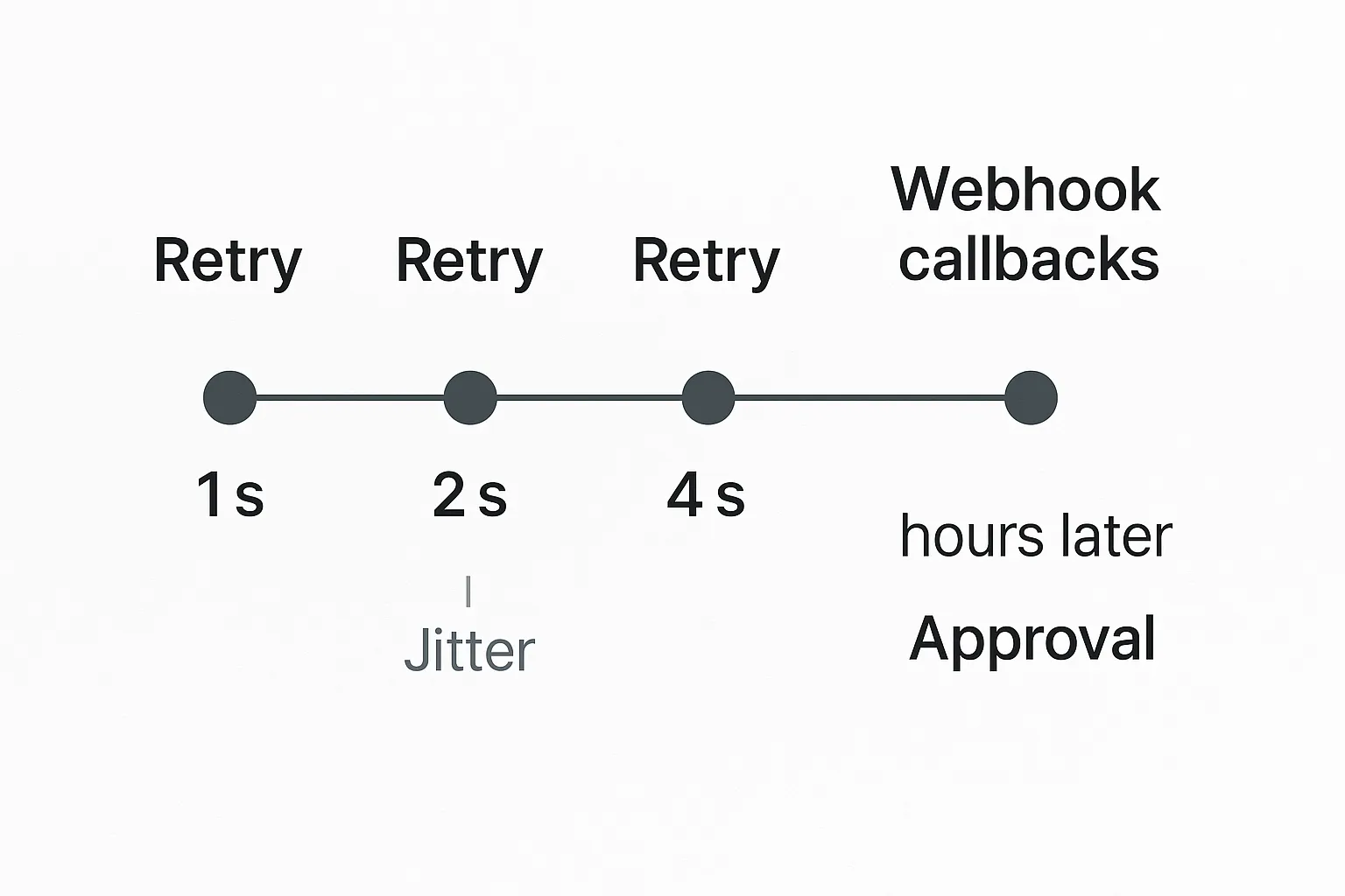 Timeline graphic showing retries at 1 s, 2 s, 4 s intervals with jitter, followed by asynchronous webhook callbacks hours later for approval.