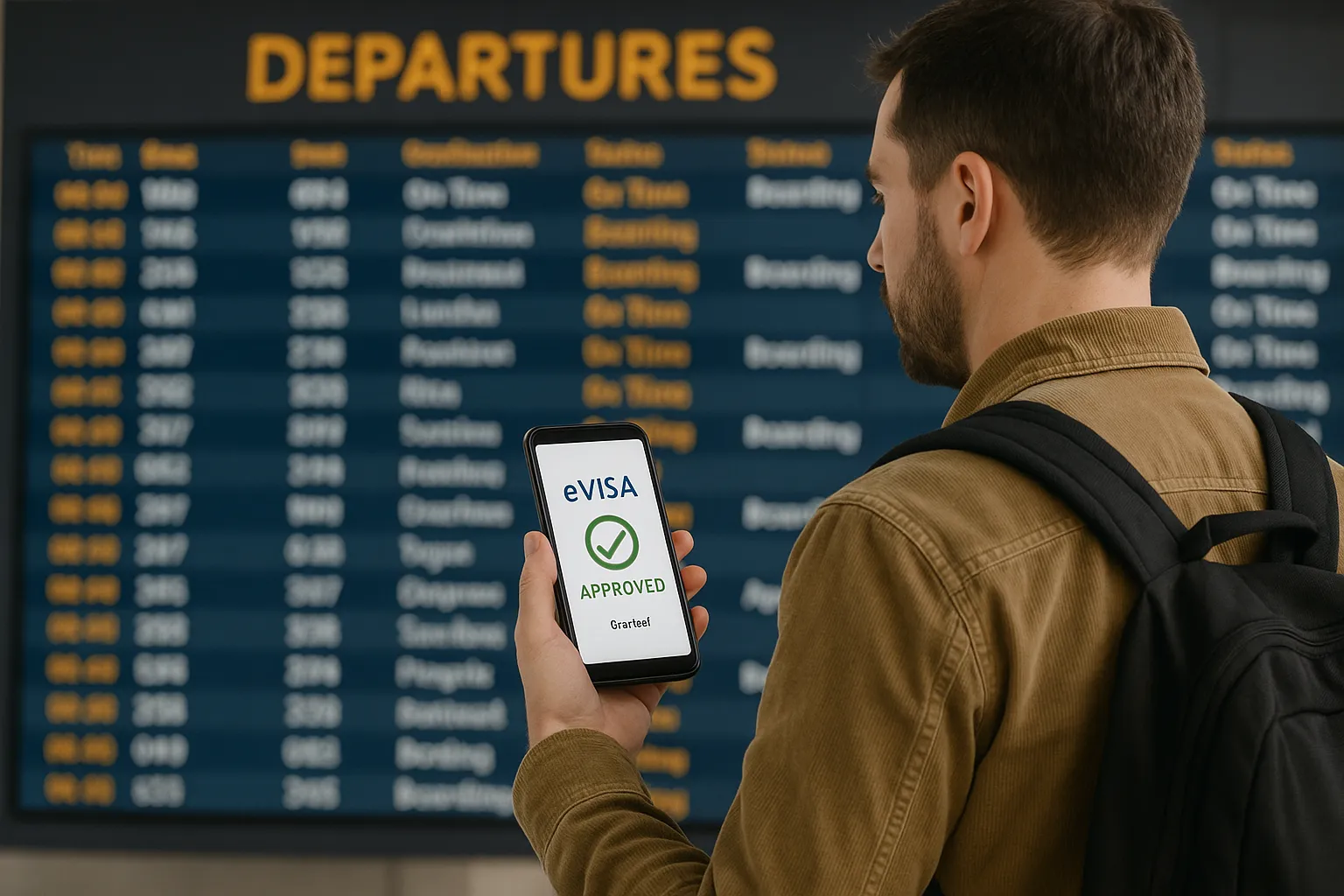 Traveler glancing at a smartphone that displays an approved eVisa notification while standing before an airport departures board.