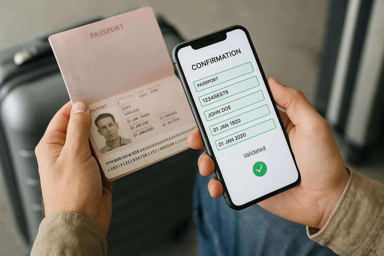 Traveler uses a smartphone to scan a passport while a confirmation screen shows matching data fields highlighted in green, illustrating real-time OCR validation.