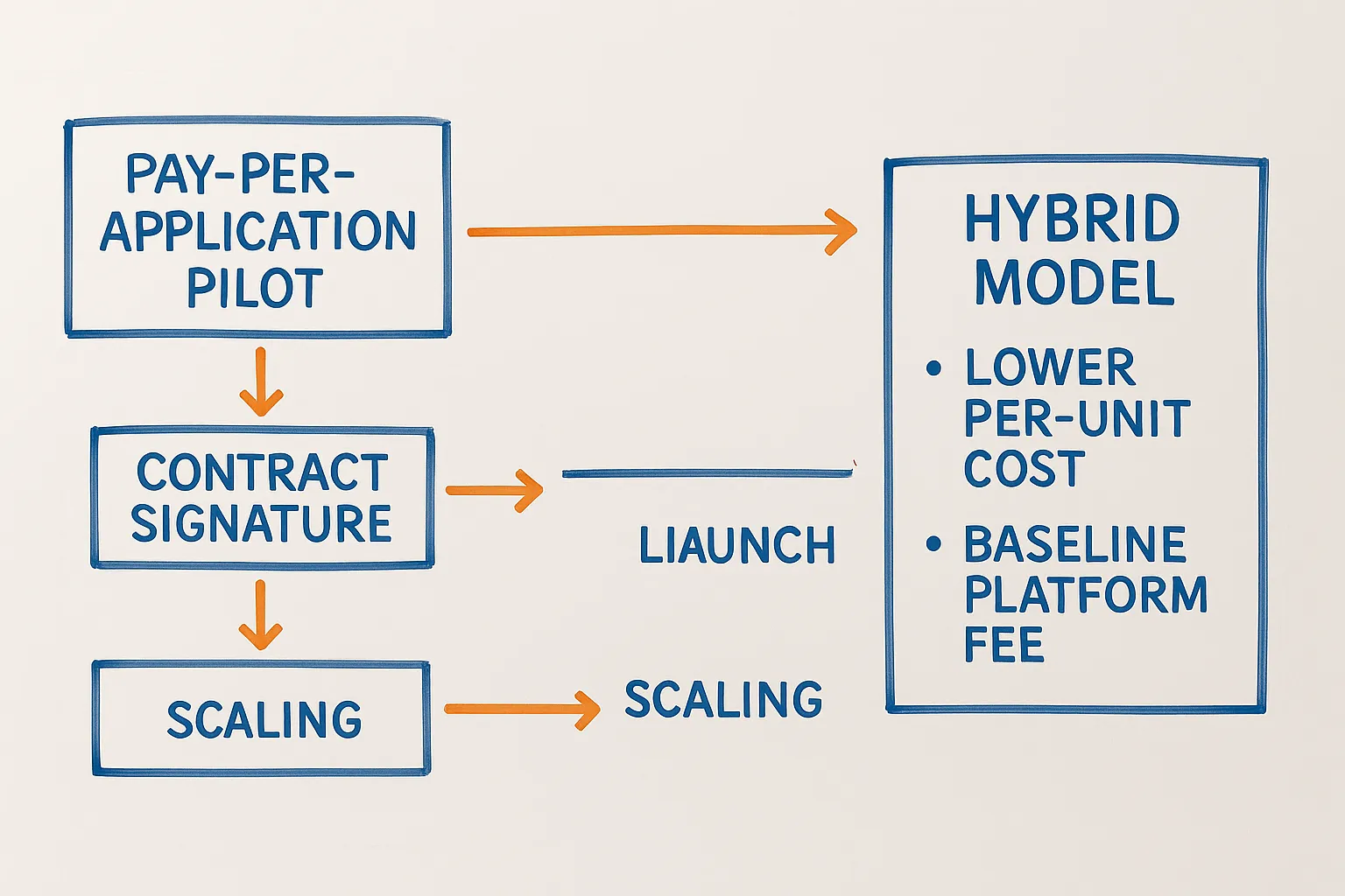 A flowchart showing the transition from a pay-per-application pilot to a hybrid model with lower per-unit cost and a baseline platform fee, including milestones like contract signature, integration, launch and scaling.