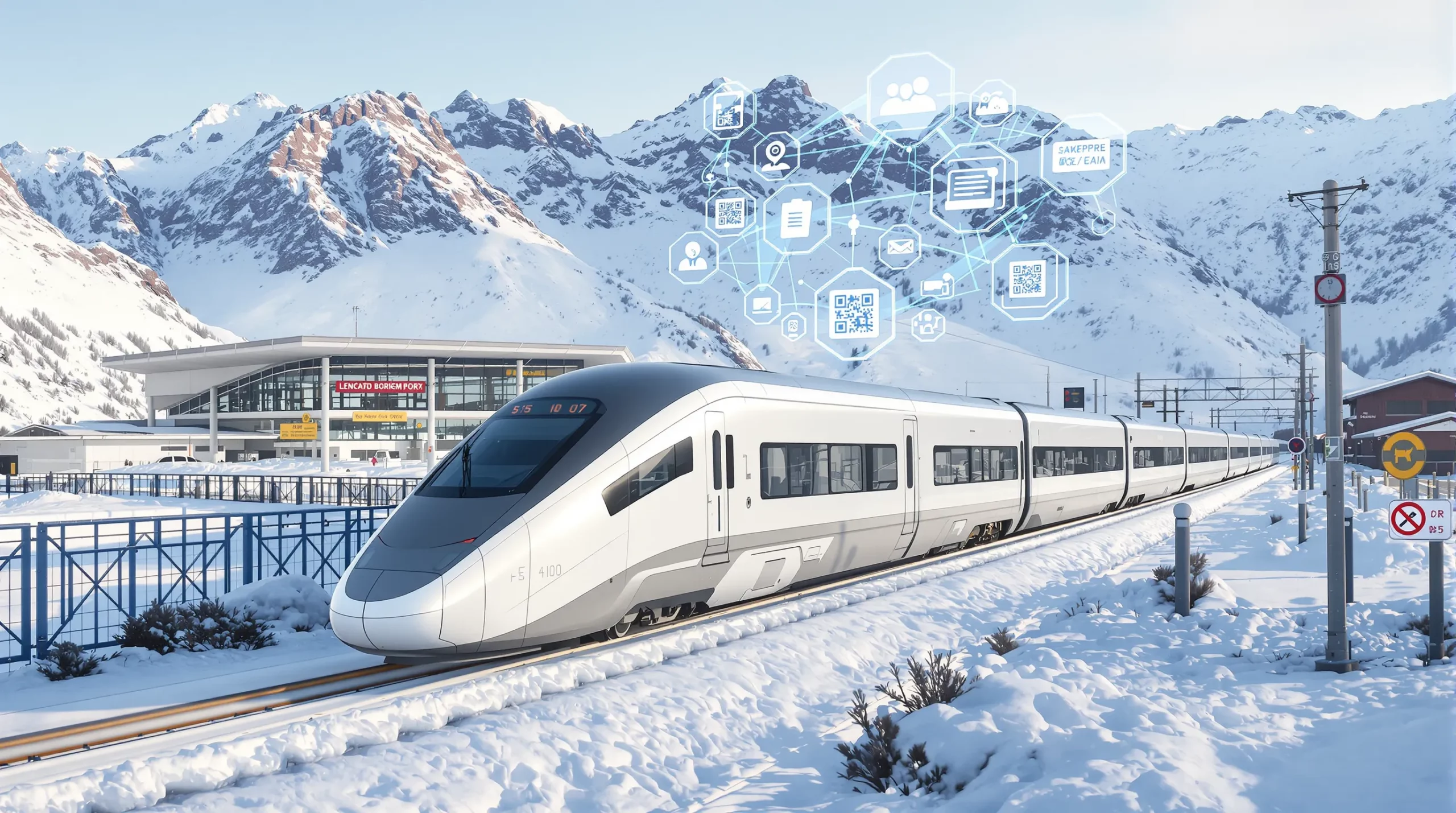 A modern high-speed train glides past snow-capped mountains toward an alpine border station, while icons of passports and QR codes appear subtly above the carriages to illustrate digital visa verification.