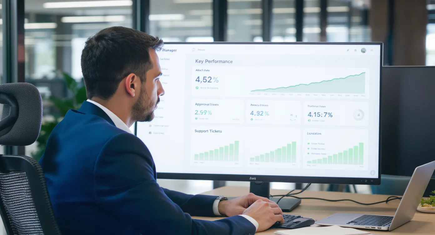 A product manager examines a dashboard on a large monitor displaying KPIs such as attach rate, approval rate, and support tickets with green trend arrows.