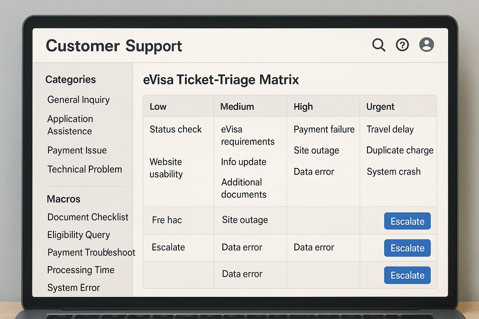 A screenshot-style illustration of a customer support dashboard showing the eVisa ticket-triage matrix, with categories, macros, and escalation buttons neatly organized in a sidebar.