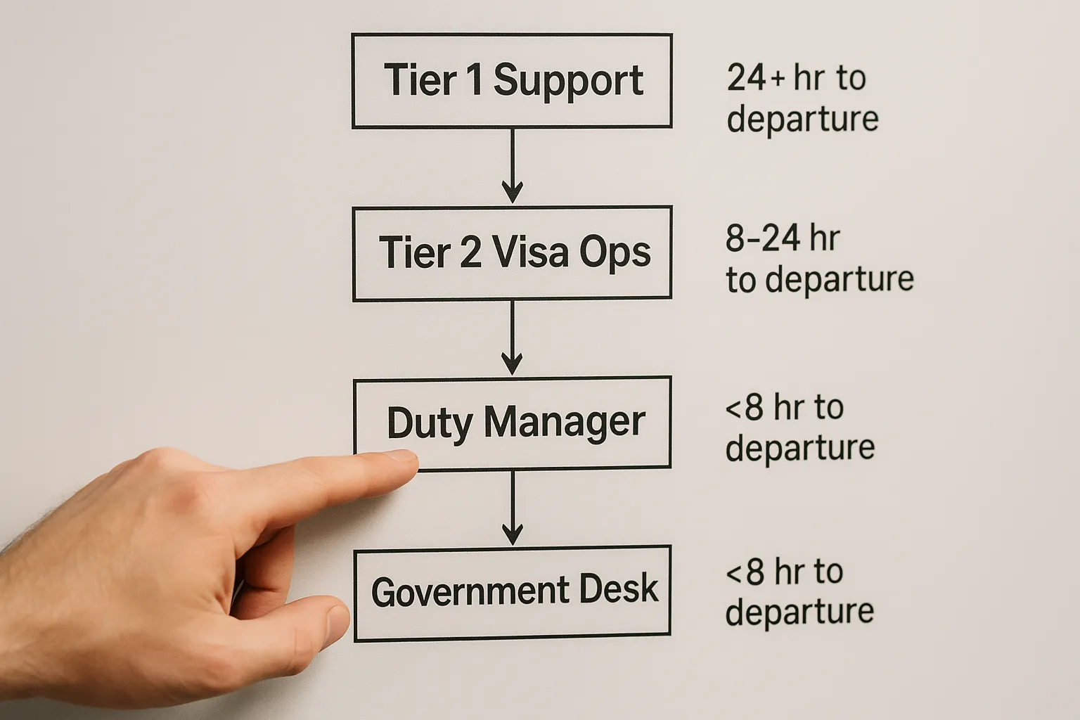 A simple flowchart showing arrows from Tier 1 Support to Tier 2 Visa Ops to Duty Manager to Government Desk, with time-to-departure windows labeled beside each arrow.