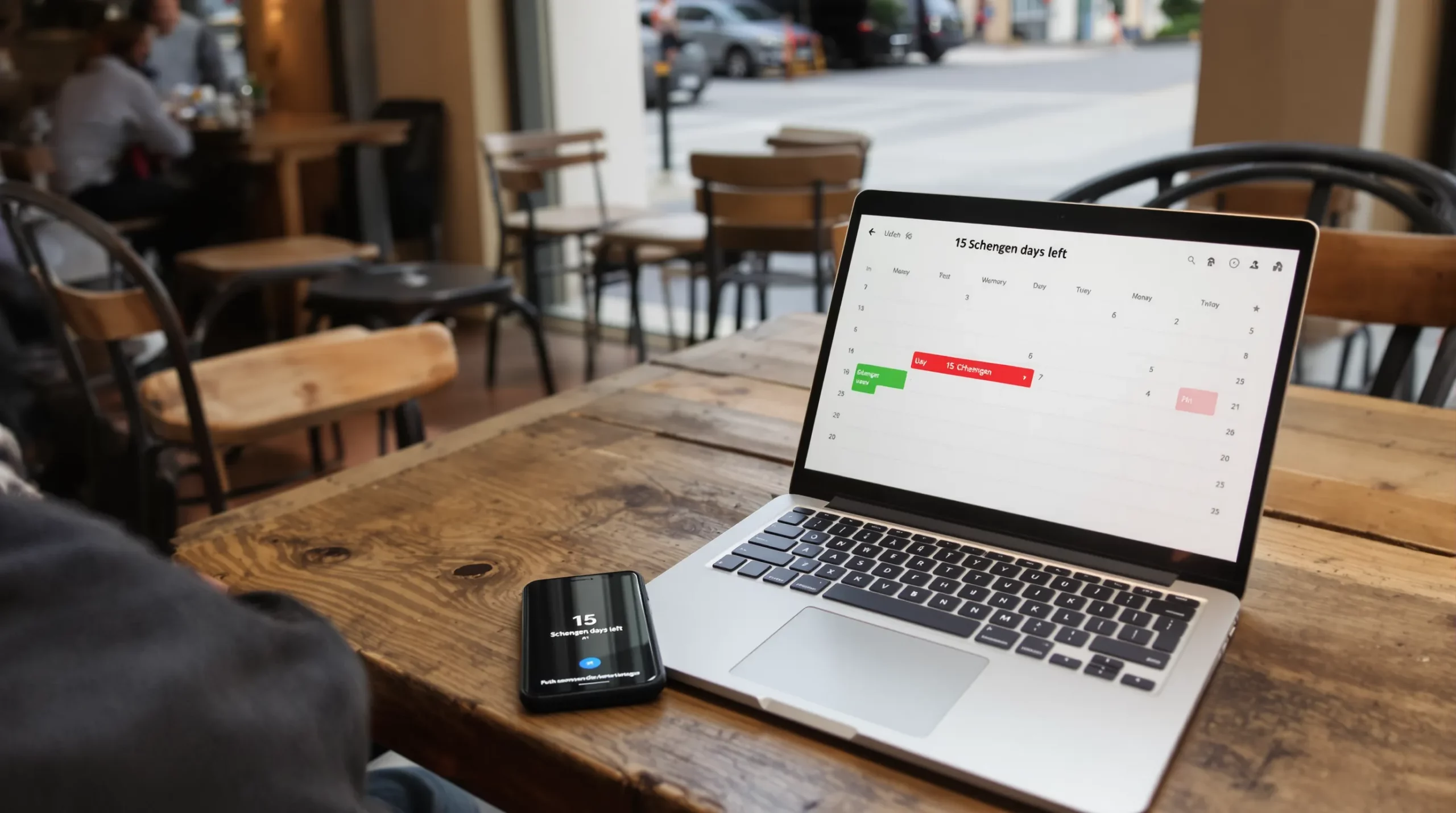 A traveler sits at a cafe table in Lisbon with a laptop open to a calendar displaying green and red date blocks, symbolizing Schengen days used and remaining. A smartphone beside the laptop shows a push notification reading 