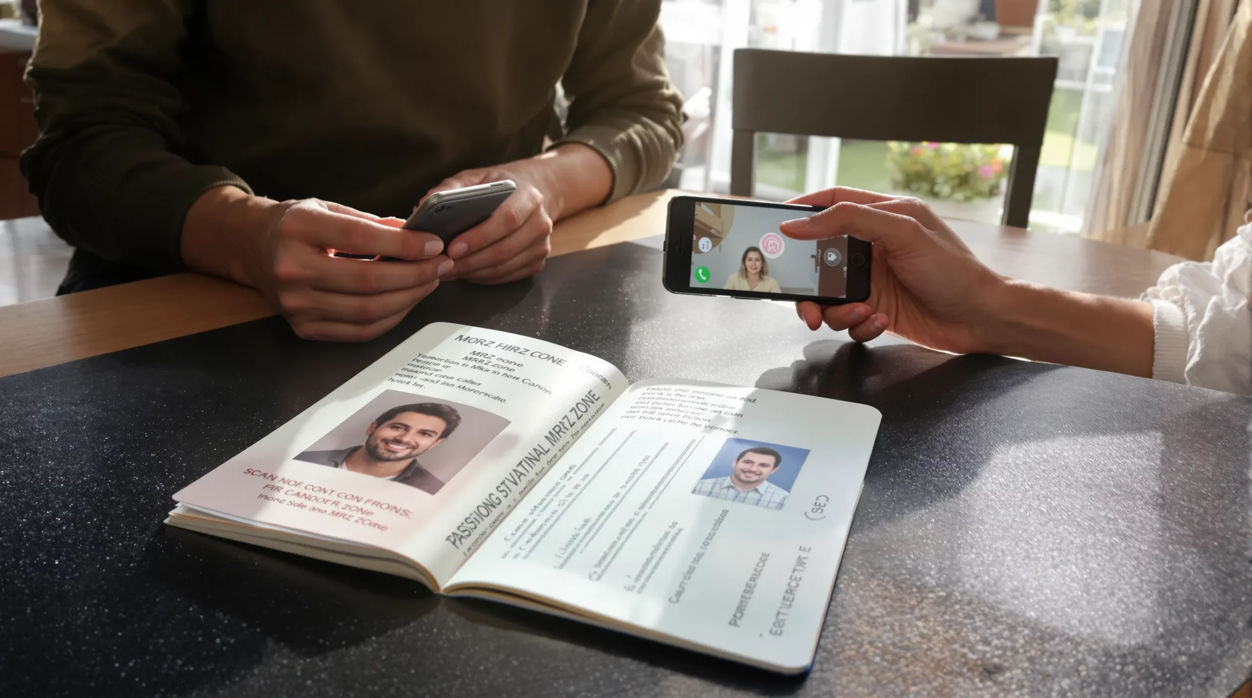 A traveler sits at a kitchen table using a smartphone to scan the MRZ zone of an open passport lying flat on a dark surface while bright morning light streams through a window.