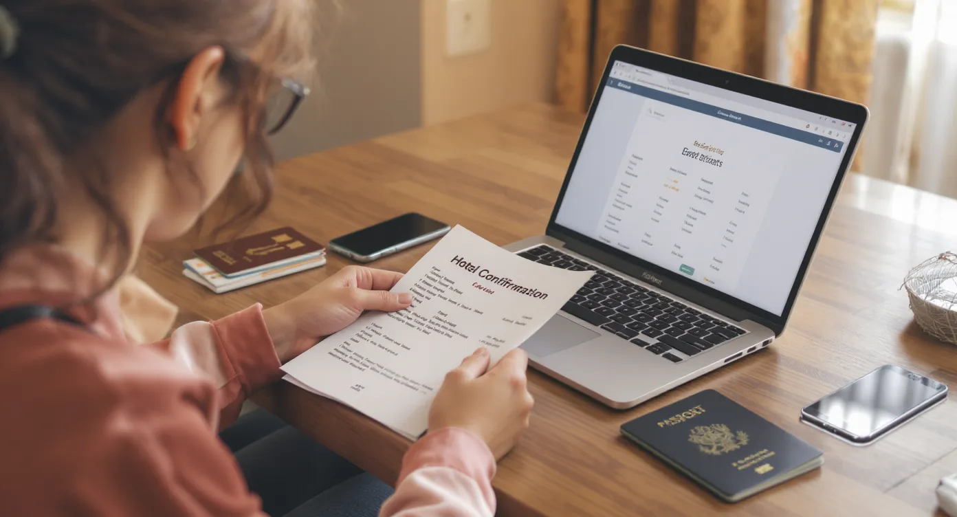 A traveler sits at a wooden desk, reviewing a printed hotel confirmation while her laptop displays a booking portal; an open passport, credit card, and smartphone lie nearby, creating a realistic visa-application preparation scene.