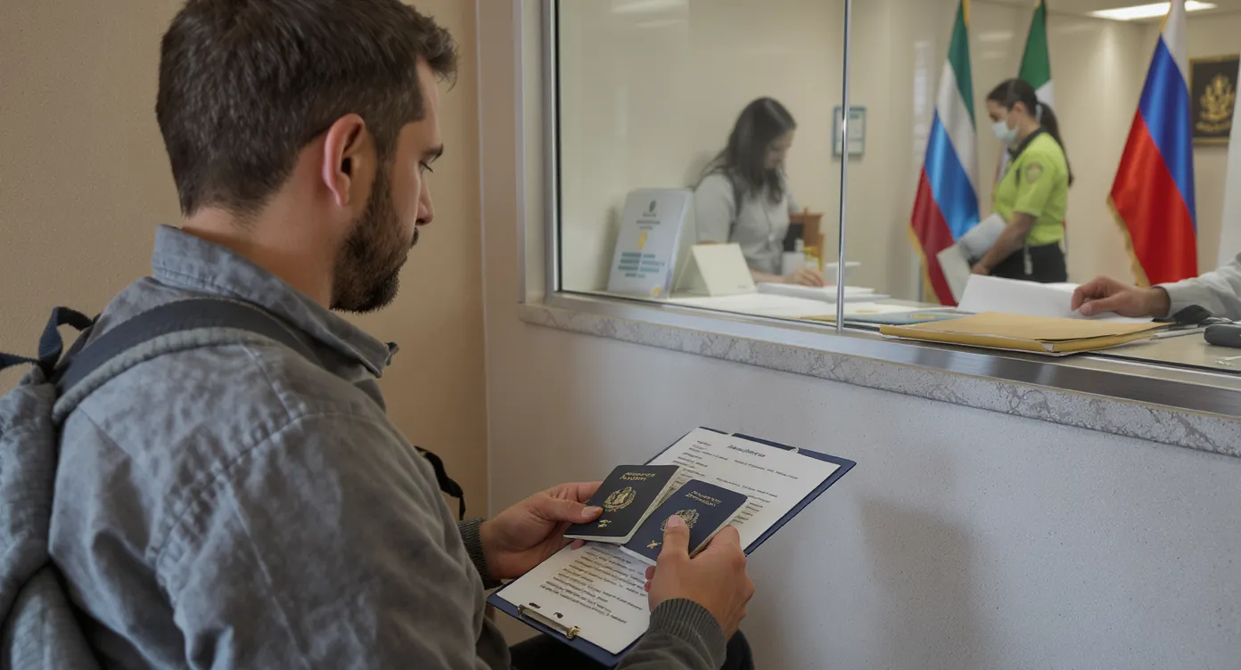 A traveler sits in a small embassy waiting room, holding two passports (one visibly worn, one newly issued) and reading instructions on a clipboard while staff process documents at a service window displaying national flags.