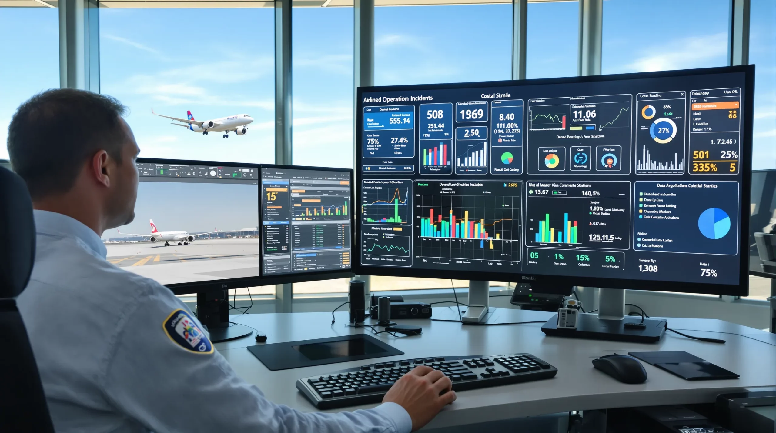 Airline operations manager reviews a dashboard showing denied boarding incidents, cost breakdown charts, and real-time visa compliance status across global stations. Bright, modern control room with multiple displays and an aircraft taking off through the window.