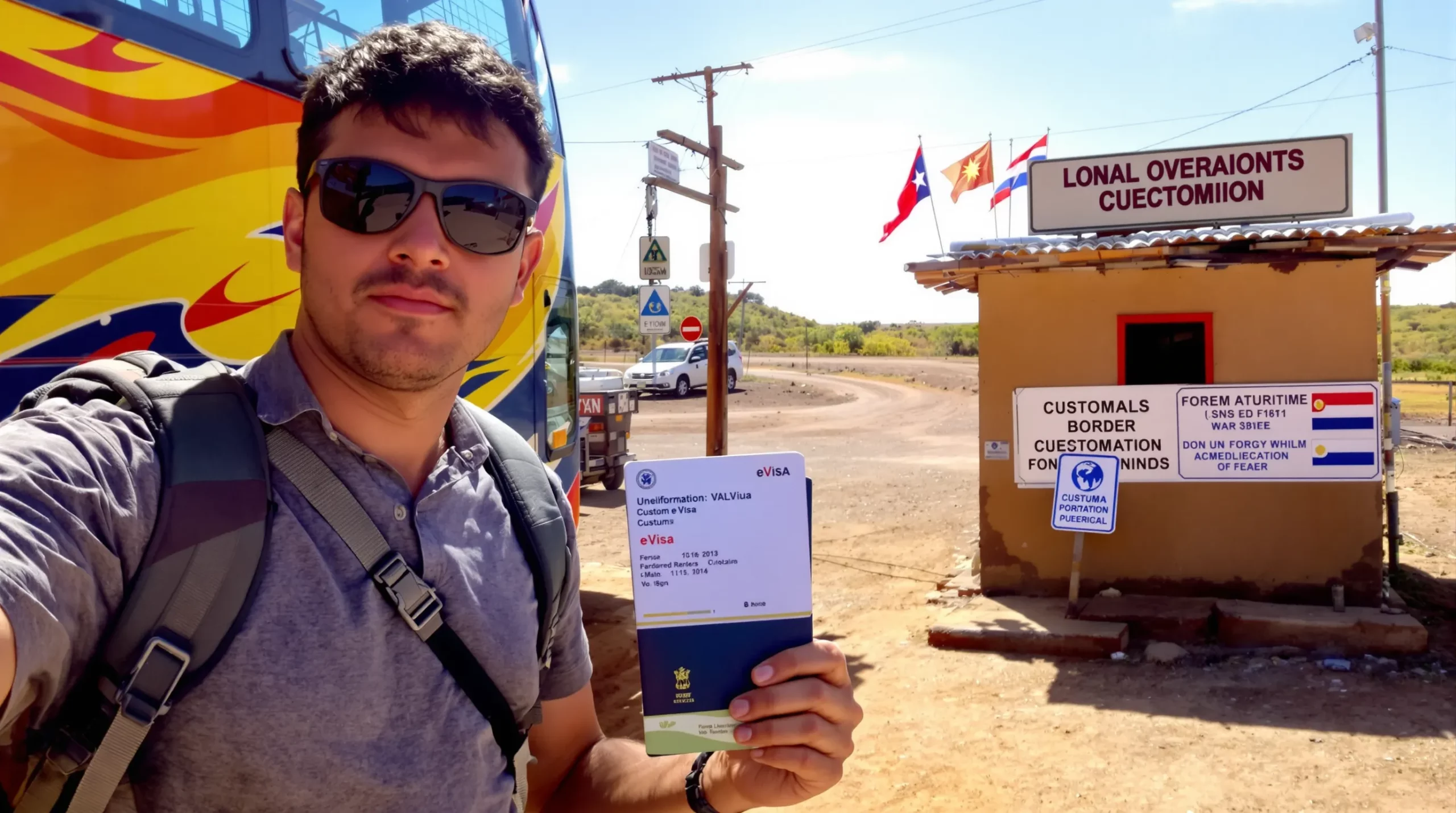 An overland traveler waits beside a brightly painted long-distance bus at a small rural border checkpoint, holding a passport with a printed eVisa confirmation. A simple customs hut and a sign showing country flags stand in the background under a sunny sky.