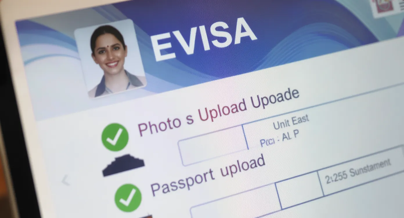 Close-up of a laptop screen showing an India eVisa form with green check marks next to photo and passport upload fields, indicating successful compliance with 2025 requirements.