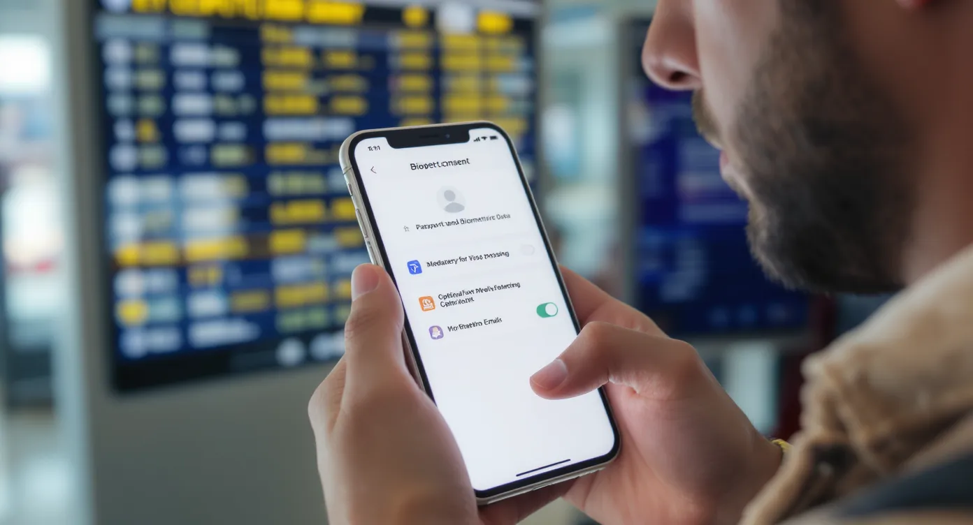 Close-up of a traveler holding a smartphone that displays a clean, minimal consent screen for sharing passport and biometric data. The screen shows two toggles: one mandatory for visa processing, one optional for marketing emails. An airport departure board is softly blurred in the background.